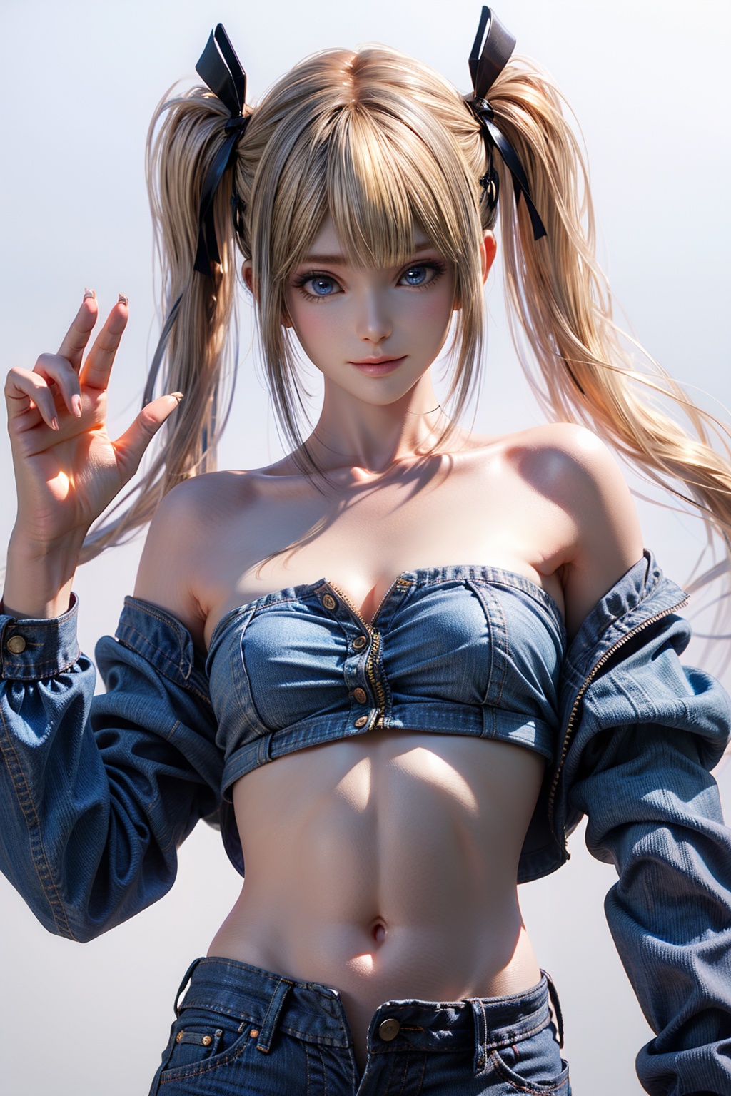 perfect hands,pretty hands,Best quality,masterpiece,ultra high res,high quality,8k,wallpaper,fine lineart,highly detailed,absurdres,upper body,(waving:1.1),marie rose,1girl,solo,breasts,navel,white background,small breasts,looking at viewer,standing,simple background,closed mouth,bandeau,smile,denim shorts,bare shoulders,collarbone,open fly,strapless,midriff,front view,<lora:marierose2rface:0.7>,<lora:女生Add More Details - Detail Enhancer _ Tweaker (细节调整) LoRA_v1.0:0.5>,twintails,