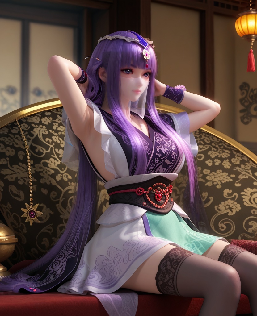 (oriental architecture, elegant decor, sophisticated style:1.1),(Hands clasped behind the head, reclining,:1.1),(breasts:1.2),<lora:XL16秦时明月少司命:0.95>,priestess of birth,short dress,veil,purple eyes,purple hair,long hair,hime cut,hair ornament,back-crossing sash,thighhighs,wristband,bell,, score_9,score_8_up,score_7_up,score_6_up,score_5_up,score_4_up,3d rendering,tag1,tag2, Cinematic Lighting,backlighting,