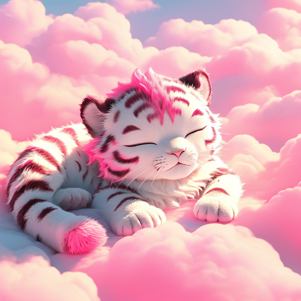 yinhu,tigger,fluffy,pink pattern,soft lighting,tiger boy,white fur,whimsy and dramatic lighting,warm colors,tigger focus,mf-movie-filter,cc-color-correction,cute,whiskers,:3,^ ^,no humans,closed eyes,tiger,cloud,red theme,lying,full body,solo,cloudy sky,sleeping,closed mouth,pink theme,sky,<lora:yinhu_rev:0.8>,