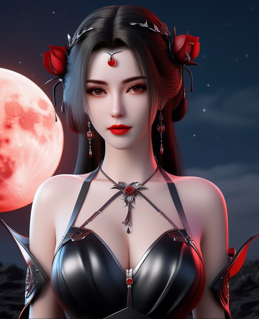 <lora:604-DA-XL-星辰变-姜立V2-新衣:0.8>(,1girl, ,best quality, ),looking at viewer,  ,,ultra detailed background,ultra detailed background,ultra realistic 8k cg,, ,masterpiece, (( , )),, ,science fiction,mole, ,    ,red moon, black rose,     (cleavage), (),