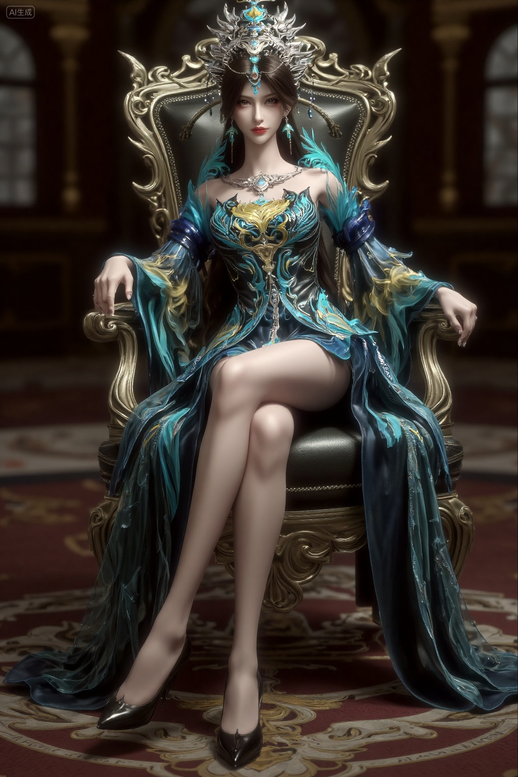 Digital CGI artwork of a slender,fair-skinned woman with long brown hair,wearing an ornate,flowing blue and gold dress with intricate patterns,and a matching headpiece. She sits on a luxurious golden throne,her legs crossed at the ankles and one leg hanging down. Her left arm rests on the armrest,while her right hand gently holds her chin. Her posture is elegant and poised,exuding confidence and grace. The scene is illuminated by dramatic lighting that highlights the gold accents of her attire and the intricate details of the throne. Soft shadows enhance the textures of the fabric and the surrounding ornate room,creating a luxurious and mystical atmosphere.,, masterpiece,best quality,astonishing quality,ultimate aesthetics,absurd,best quality,ultimate aesthetics,masterpiece,emotional masterpiece,extraordinary above all,mastery of details,, Negative prompt: ng_deepnegative_v1_75t,(badhandv4:1.2),EasyNegative,(worst quality:2),,nsfw, Steps: 30, Sampler: DPM++ 2M, CFG scale: 3.5, Seed: 3997163814, Size: 1024x1536, Model hash: 062dad72b2, Model: 麦橘超然majicFlus_v1.safetensors, Denoising strength: 0, RNG: CPU, Lora 1: 20250818-1755535685144-0013, Lora Hash 1: 68527fd6dd, Lora Weight 1: 1.0, vae_name: automatic