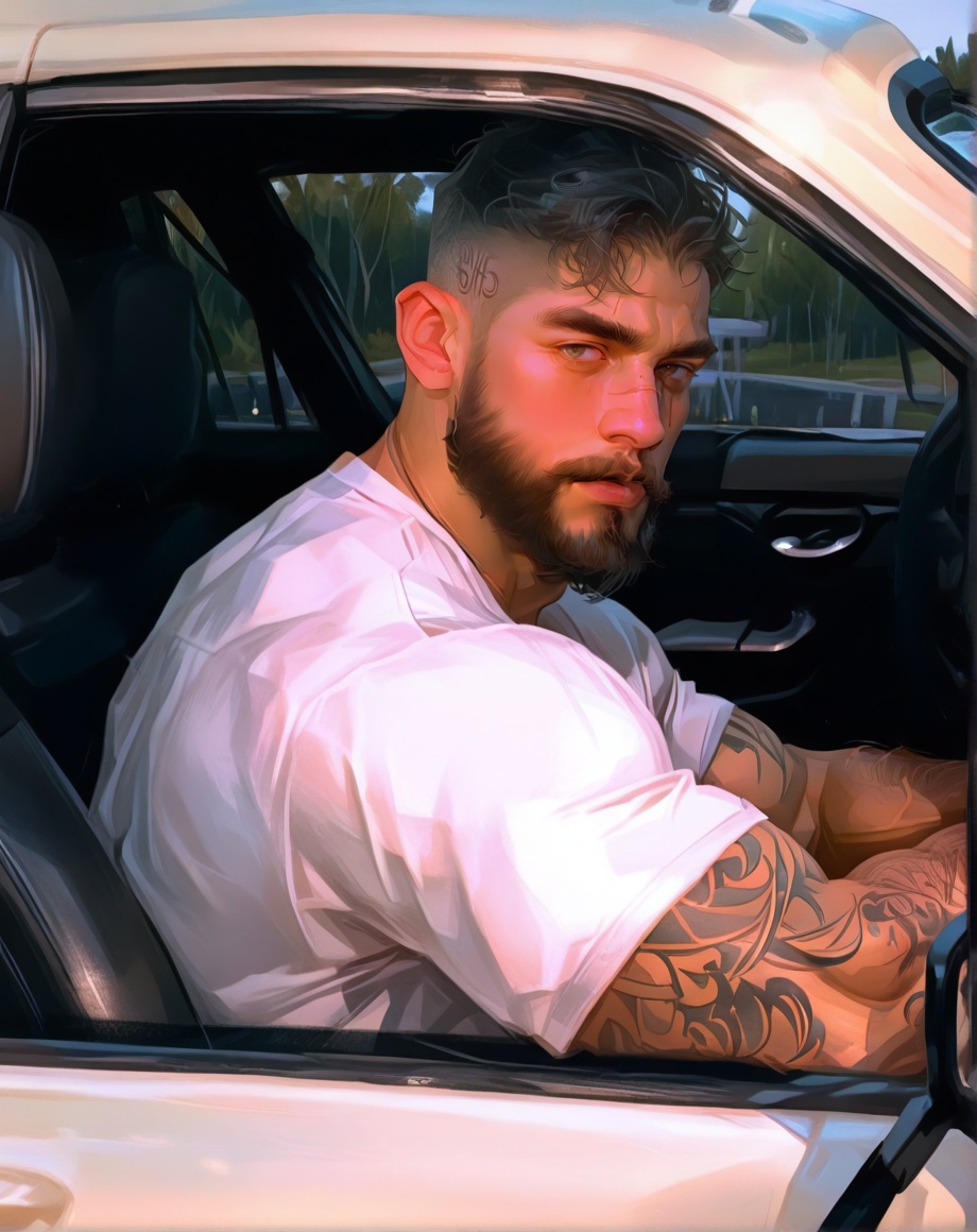 1boy, male focus, facial hair, solo, beard, shirt, black hair, looking at viewer, short hair, tattoo, scar, arm hair, thick eyebrows, side view, mature male, mustache, muscular, upper body, short sleeves, scar on face, in car, car, sitting in car<lora:BurntSugar:1>