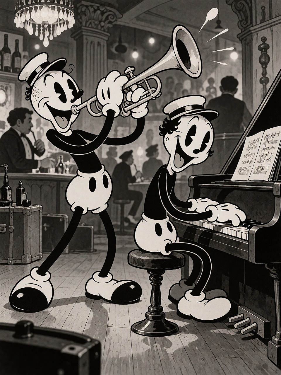 Two original rubber hose cartoon musicians performing in a lively jazz club,  one playing trumpet and the other piano,  ex...