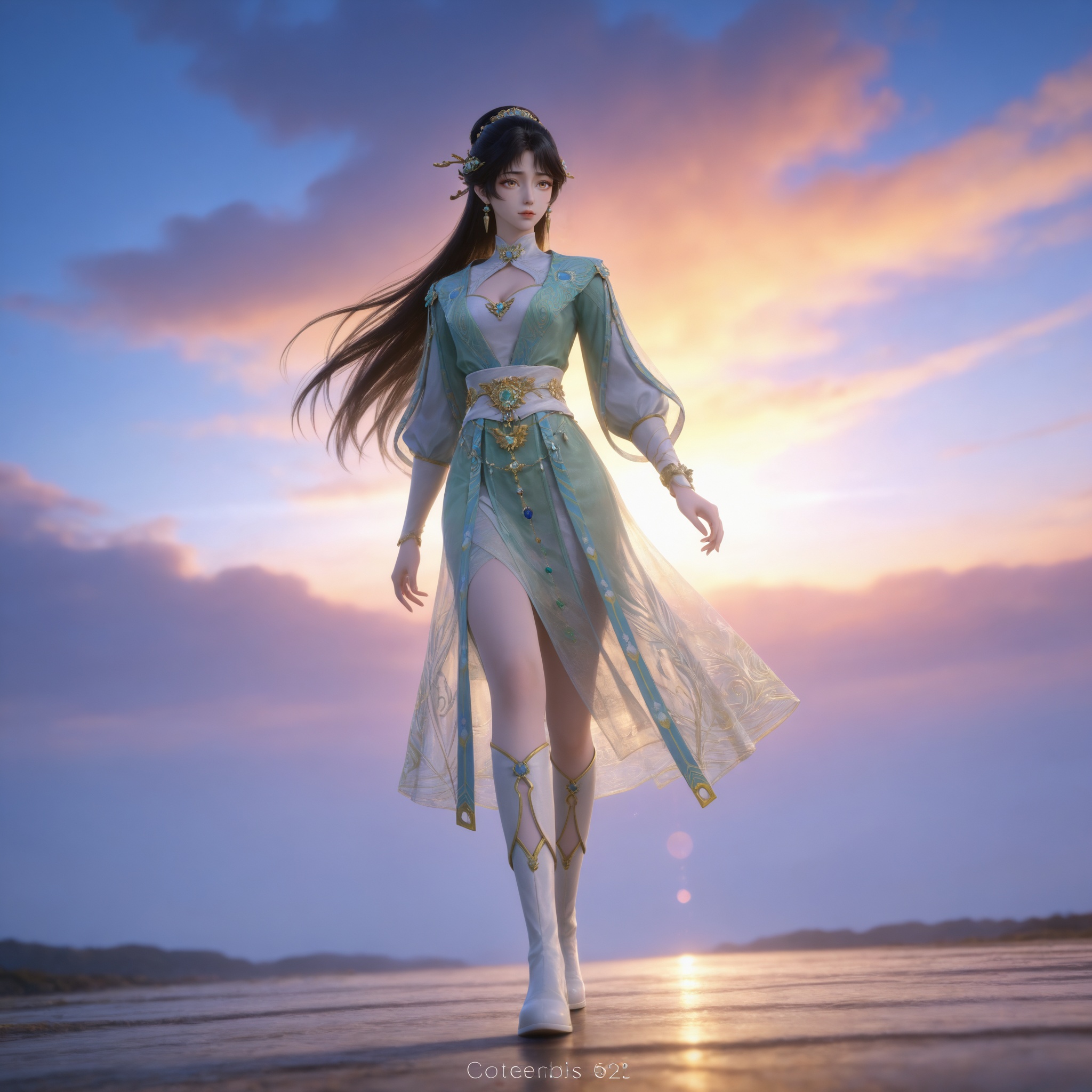 Nai3 style,realistic style photo,outstanding style,Use soft lighting to cast gentle shadows on the subject,adding a touch of dimension to your images without compromising details,whirls of vapor,(Anime:1.1),soft neon light,ethereal ambiance,delicate details,magical atmosphere,concept art,highly detailed,ultra-high resolution,32K UHD,sharp focus,best-quality,masterpiece,golden hour,unconventional supreme masterpiece,masterful details,temperate atmosphere,with a high-end texture,in the style of fashion photography,magazine style,Dynamic Angle,Dynamic posture,magazine style,Dynamic Angle,Dynamic posture,(cowboy_shot:1.2),eye trail,depth of field,cinematic lighting,lens flare,close-up,extreme aesthetic,(wlop:0.6),(honjou raita,lack,rella,wanke:0.5),masterpiece,best quality,good quality,newest,year 2025,very aesthetic,absurdres,Visual impact,A shot with tension,ultra-high resolution,32K UHD,sharp focus,best-quality,masterpiece,Emotionalization,unconventional supreme masterpiece,masterful details,temperate atmosphere,with a high-end texture,in the style of fashion photography,(Visual impact:1.2),giving the poster a dynamic and visually striking appearance, <lora:九阳武神-苏青洛IL:0.7> 1girl, black hair, long hair, hair ornament, jewelry, hair bun, green dress, long sleeves, cleavage cutout, sash, white footwear, chinese clothes, earrings, A shot with tension,(Visual impact,giving the poster a dynamic and visually striking appearance:1.2),impactful picture,(masterpiece, best quality:1.2),offcial art,colorful,splash of color,movie perspective,advertising style,magazine cover,(full body:1.5),Emotionalization,golden hour,unconventional supreme masterpiece,masterful details,temperate atmosphere,with a high-end texture,in the style of fashion photography,magazine cover,Dynamic Angle,Dynamic posture,