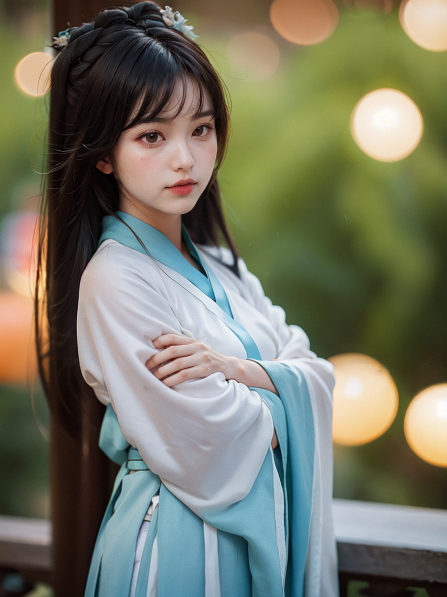 1girl,looking at viewer,bokeh,hanfu,<lora:好吃米-SD1.5-hanfu-000007:0.6>,upper body,arms_behind_back,