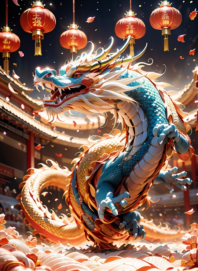 Masterpiece, high-quality, Pixar animated style, a cute Chinese dragon made of plush material, wearing traditional Chinese clothing, super cute dress, standing in the middle of the red stage with a bright smile, cute, laughing, comical movements, and huge sound. Pink flowers, strong lighting effects, Chinese New Year, head up, realistic fine details, light blue or light red, intense close-up, surrealistic illustrations, 