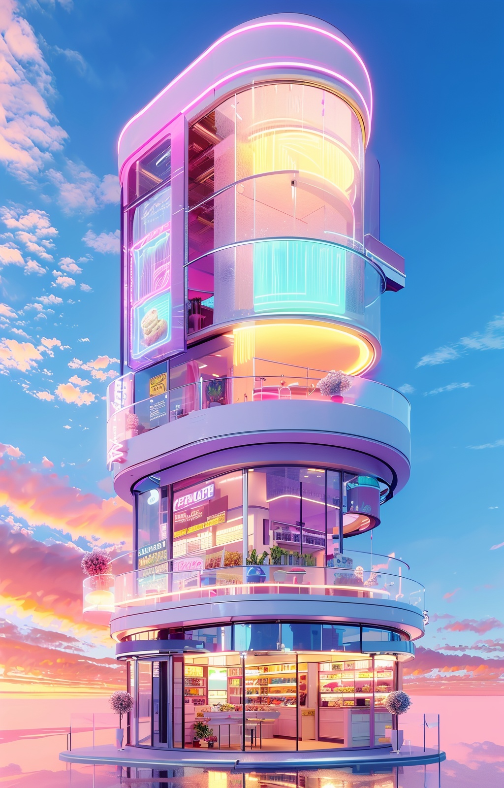 xianxiakv,no humans,scenery,sky,cloud,shop,reflection,outdoors,A futuristic food pop-up shop,soft pastel colors,<lora:xianxiakv:1>,