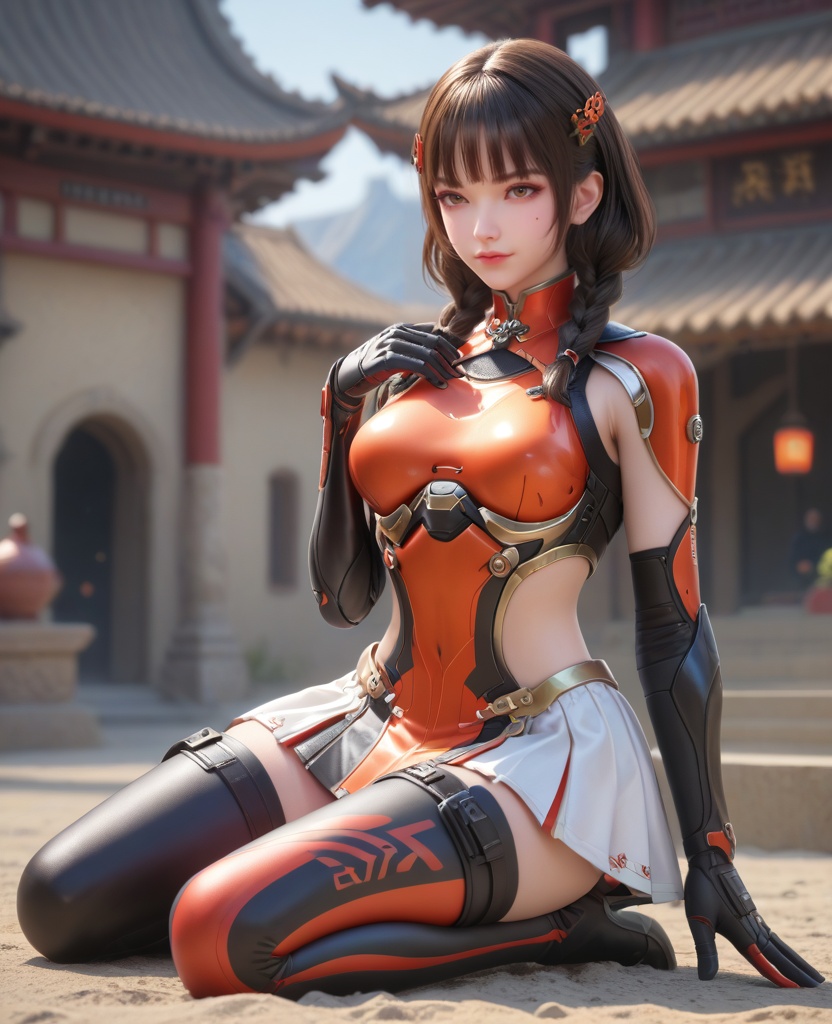 (oriental architecture, elegant decor, sophisticated style:1.1),(Kneeling with one hand on the ground and the other raised to the sky, showing a connection to the universe,:1.1),(breasts:1.2),<lora:XL16穿越火线乔月:0.95>,miss qiaoyue,kevlar-orange boobplate,brown eyes,blunt bangs,black hair,front braided twin pigtails,hair ornament,pauldrons,arm guards,kevlar-orange abdomen armor panel,asymmetrical thighhighs with volt-orange and black,thigh holster,thigh strap,high heels,white overskirt,, score_9,score_8_up,score_7_up,score_6_up,score_5_up,score_4_up,3d rendering,tag1,tag2, Cinematic Lighting,backlighting,, zPDXL3, zPDXL2,zPDXL, zPDXLxxx, zPDXLrl,