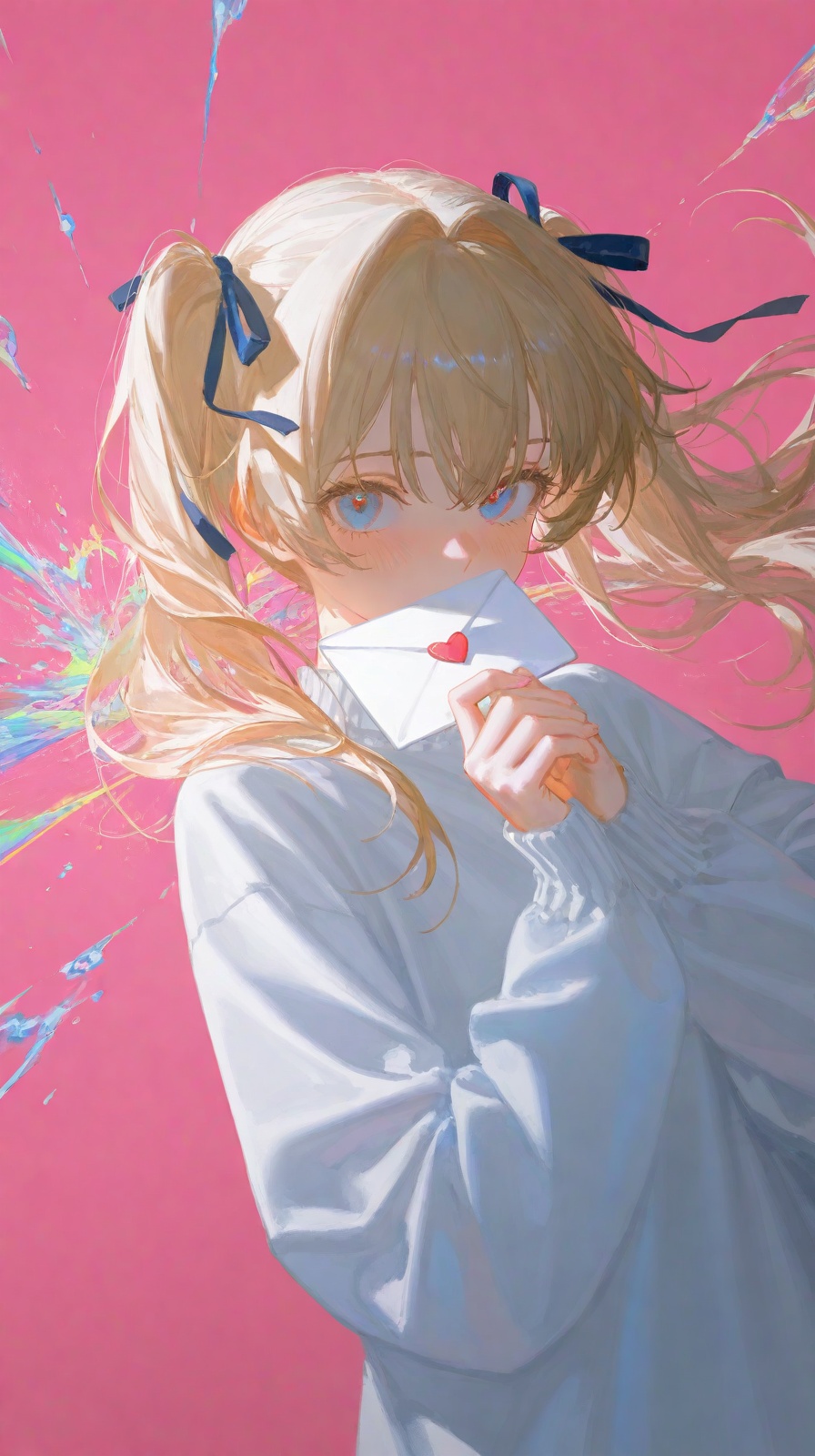 line art,hewu,depth of field,(rei \(sanbonzakura\):0.8),(ciloranko:0.7),(artist:quasarcake:0.8),(wlop:0.7),extreme aesthetic,(quasarcake:0.7),masterpiece,best quality,good quality,newest,year 2024,year 2023,very aesthetic,absurdres,Visual impact,A shot with tension,ultra-high resolution,32K UHD,sharp focus,best-quality,masterpiece,Emotionalization,unconventional supreme masterpiece,masterful details,temperate atmosphere,with a high-end texture,in the style of fashion photography,(Visual impact:1.2),insanely interplay between lights and shadows,(ray tracing),sunlight,reflective,masterful details,intricate details,soothing tones,high contrast,natural skin texture,soft light,sharp,giving the poster a dynamic and visually striking appearance,impactful picture,offcial art,colorful,splash of color,movie perspective,colorful,splash of color,\,blush,hair ribbon,heart,long sleeves,looking at viewer,covered mouth,{{one hand holding a love letter}}},upper body,pink background,