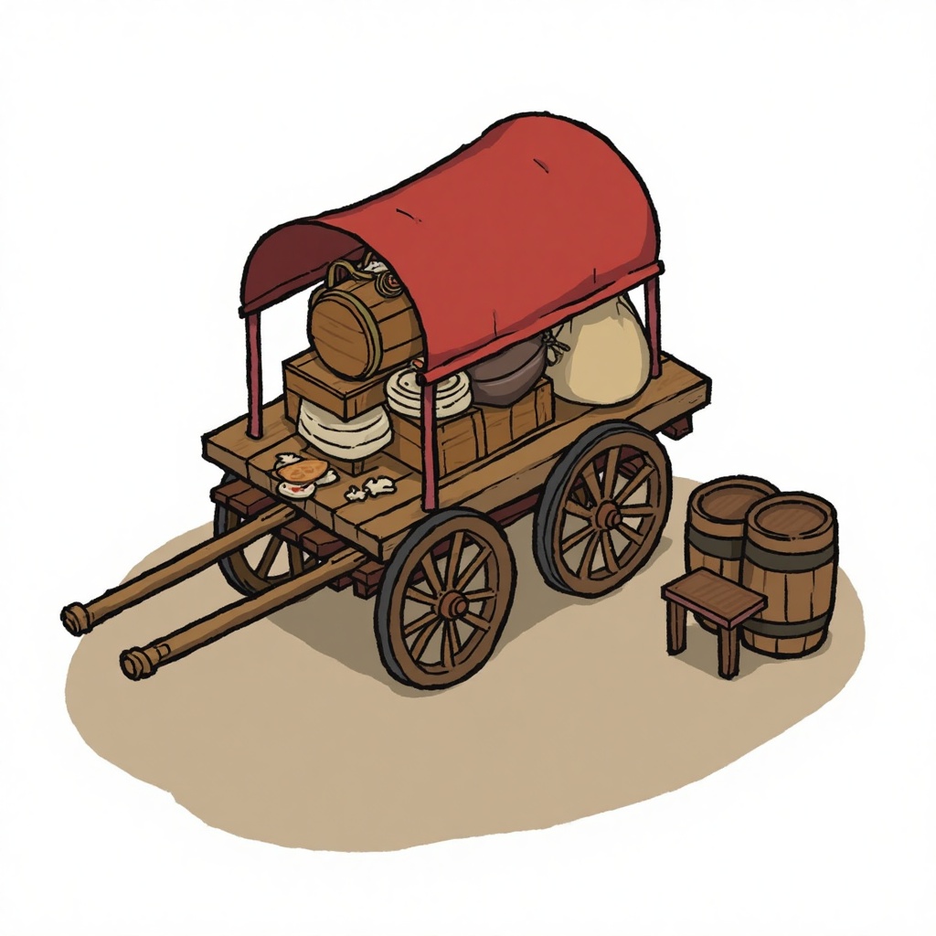 This is a digital drawing of a rustic wooden cart with a red canopy, loaded with various items: a large wooden barrel, a stack of crates, a sack, and a basket. The cart has two large wheels and is accompanied by a small table and more barrels. The style is cartoonish with muted earthy tones. 