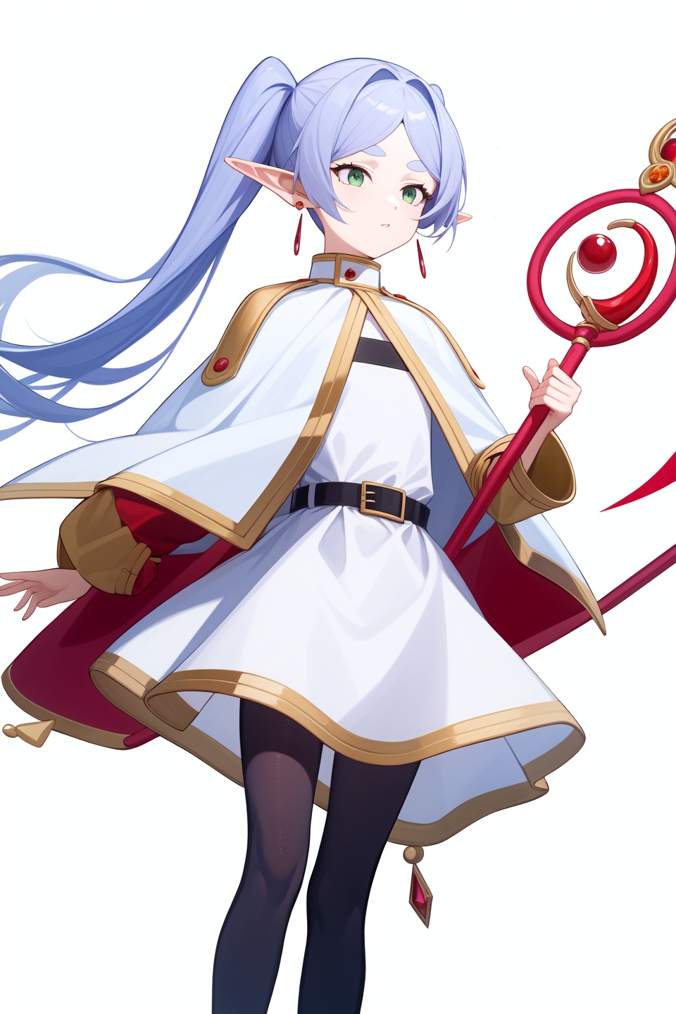 <lora:芙莉莲:1:lbw=char>,fulilian,1girl,twintails,earrings,long sleeves,white capelet,best quality,white dress,black pantyhose,high quality,belt,holding staff,blue flower,, (masterpiece,best quality,high quality:1.4),absurdres,