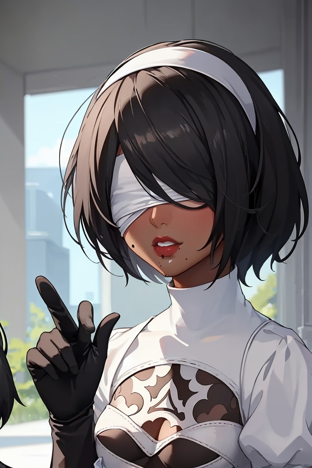 masterpiece,best quality, highly detailed, 2p (nier:automata),1girl, mole under mouth, dark-skinned female, player 2, gloves, 1boy, alternate skin color, upper body, black blindfold, white hairband, lips,<lora:2p_(nierautomata):1>