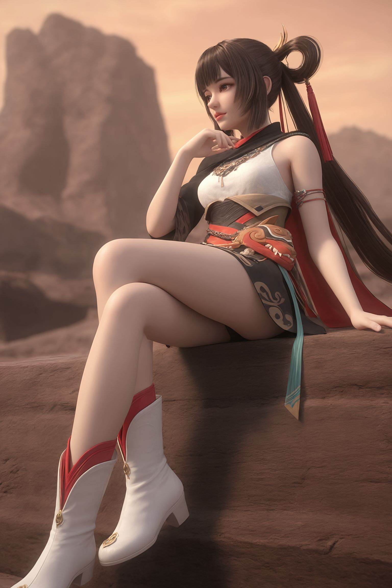 ultra realistic,masterpiece,high detailed skin,best quality,high res,very aesthetic,anime style,studio anime,source_ecchi,anime,(finely detailed face),(petite body:1.3),medium breasts,fingernails,nail polish,red long nails,nailsart,1girl,1woman,digital illustration shoot from the side about a young woman in a silver metallic bikini,ultra tight micro white metallic bikini,white metallic side-tie string,areola,labia,wedgie,surrounded by bubbles,sitting in the middle of the image,the image also shows a playful and whimsical atmosphere,with a soft and pastel color palette. on the center of the frame,who appear to be a young *****,is sitting with her upper body facing the viewer,looking to the side with a dreamy playful expression,she has a slim body and bare shoulders,bikini with a white metallic bikini top and g-string bottoms,the background is a sunset,colorful orange sky with fluffy white clouds,soft ambient glow,dramatic scenery,intricate details,(blurry background, depth of field:1.1),erotic and aesthetic,lascivious pose,aroused,dynamic dutch angle,from below,blurry background,bright colors,stunningly artwork,(blurry background, depth of field:1.1) <lora:百炼成神-赵小花ILL:0.7>,long,straight brown hair,high ponytail,red ribbon,traditional East Asian-inspired outfit consisting of a sleeveless top with a white,off-the-shoulder design and a dark,flowing skirt.white,high-heeled boots,photo realistic,masterpiece,best quality,soft glow,skin texture,
