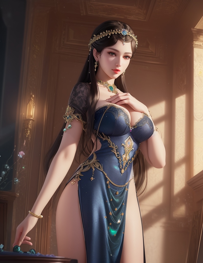 ultra realistic 8k cg, picture-perfect face, flawless, clean, masterpiece, professional artwork, famous artwork, cinematic lighting, cinematic bloom, perfect face, beautiful face, fantasy, dreamlike, unreal, science fiction,  beautiful clothes, lace, lace trim, lace-trimmed legwear,  (rich:1.4), prestige, luxury, jewelry, diamond, gold, pearl, gem, sapphire, ruby, emerald, intricate detail, delicate pattern, charming, alluring, seductive, erotic, enchanting, hair ornament, necklace, earrings, bracelet, armlet,halo((,1girl, pov,))(((,  1girl,  solo,looking at viewer, ))),(((1girl, solo, dress, jewelry,large breasts, )))<lora:DA_WhiteSnakeGreenSnake:0.7>