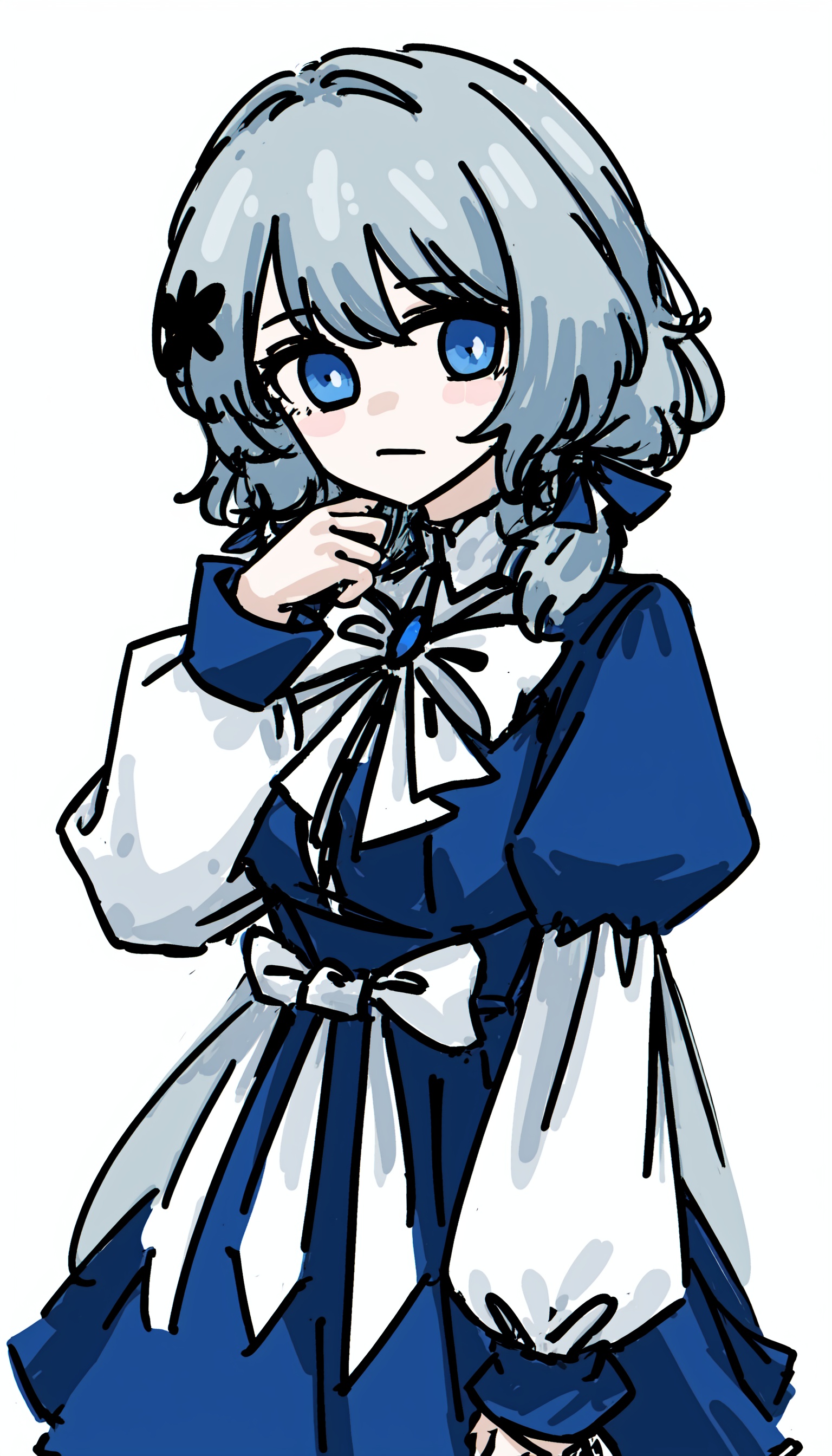 solo, 1girl, white background, simple background, blue eyes, long hair, long sleeves, dress, upper body, blue dress, grey hair, sleeves past wrists, puffy long sleeves, looking at viewer, bow, hand up, breasts, closed mouth, puffy sleeves