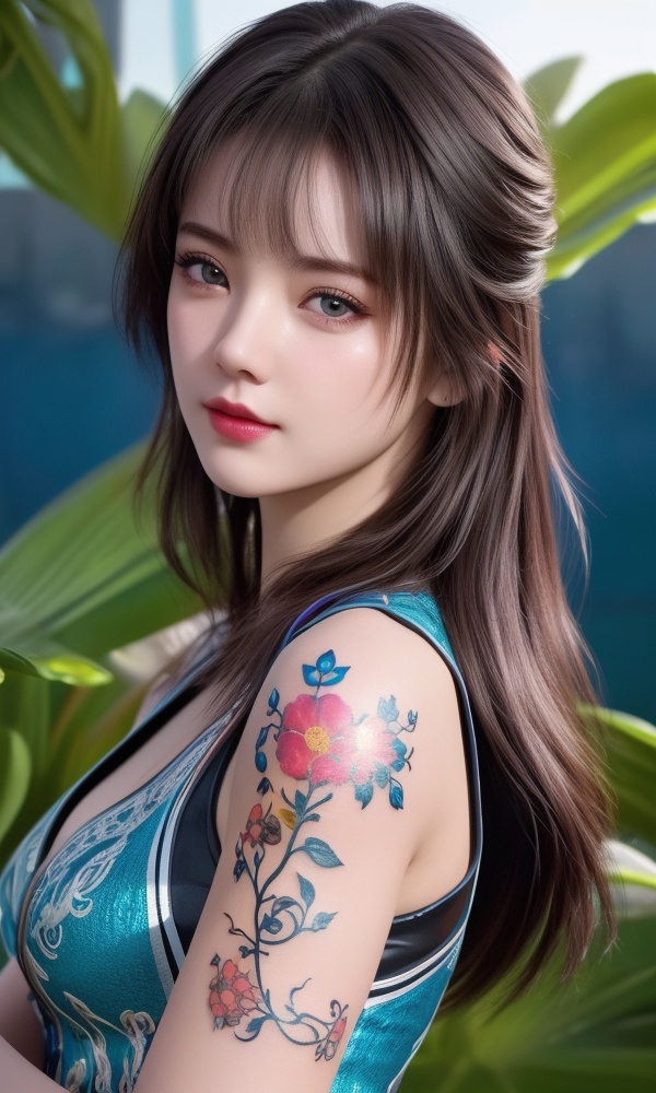 (,1girl, ,best quality, ),looking at viewer, <lora:472-DA-斗罗大陆-梦红尘:0.8> ,,ultra detailed background,ultra detailed background,ultra realistic 8k cg,, ,masterpiece, (( , )),ultra realistic 8k cgSurrounded by strange, movie perspective, advertising style, Colorful background, splash of color A beautiful woman with delicate facial features,tattoo all over body, flower arms,from above,