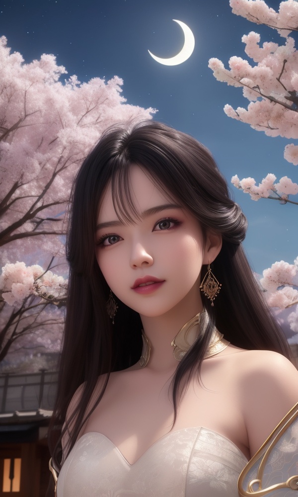 (,1girl, ,best quality, ),looking at viewer, <lora:370-DA-百炼成神-云洛-黑化:0.6>,, ,masterpiece,(( , )),, realistic,science fiction,mole,,ultra realistic 8k cg, flawless,tamari \(flawless\),  ,cherry blossoms,,night, night sky, crescent moon, moonlight,,(facing viewer, looking at viewer, , ),  (()), (),