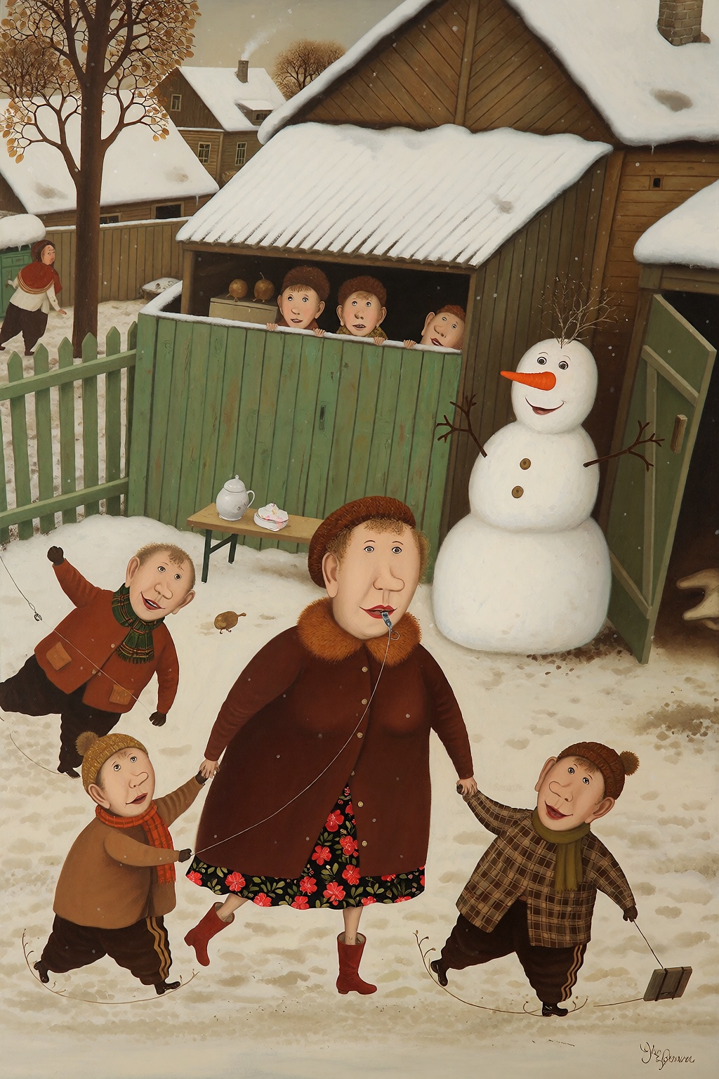 A group of toddlers in oversized winter clothes trying to sneak out of a kindergarten,  a strict teacher with a whistle gi...