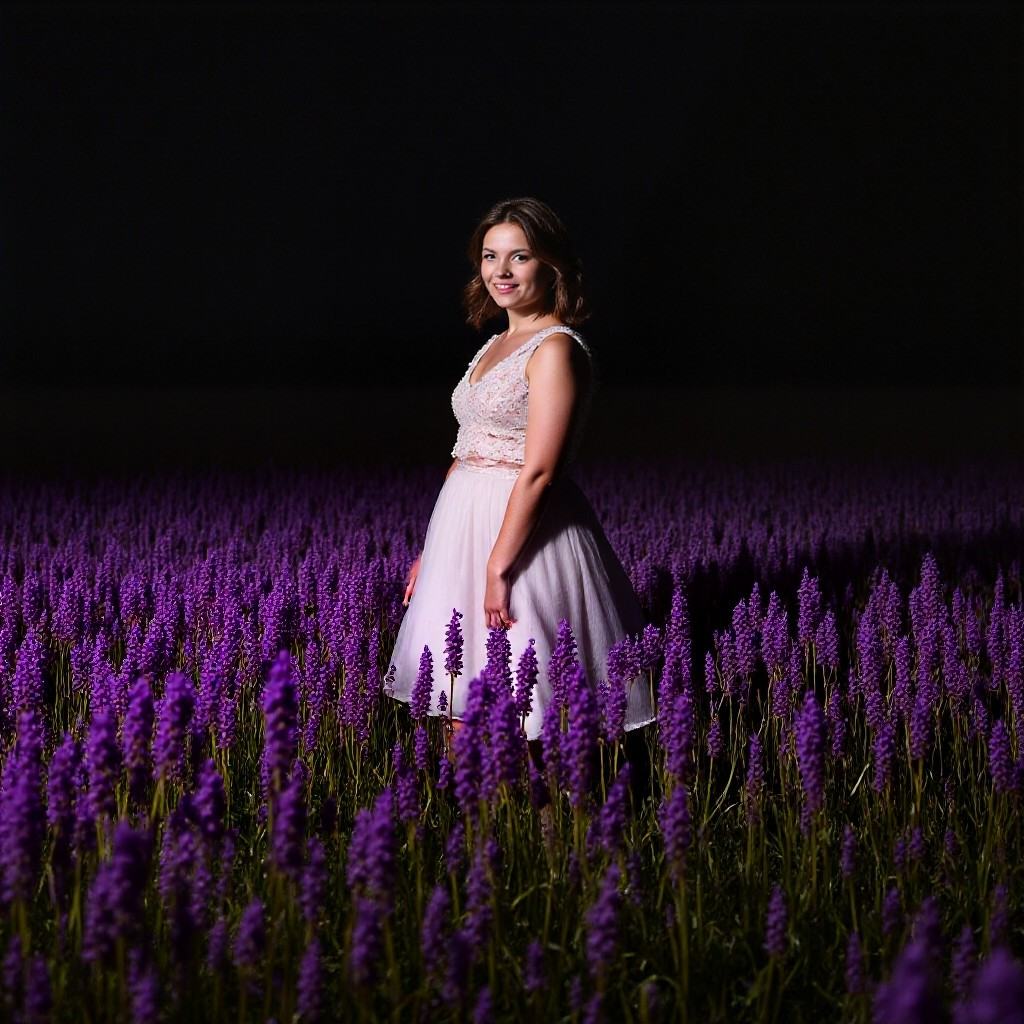 young woman in field with very large purple australian flowers around her and she is under car headlights there are spotli...