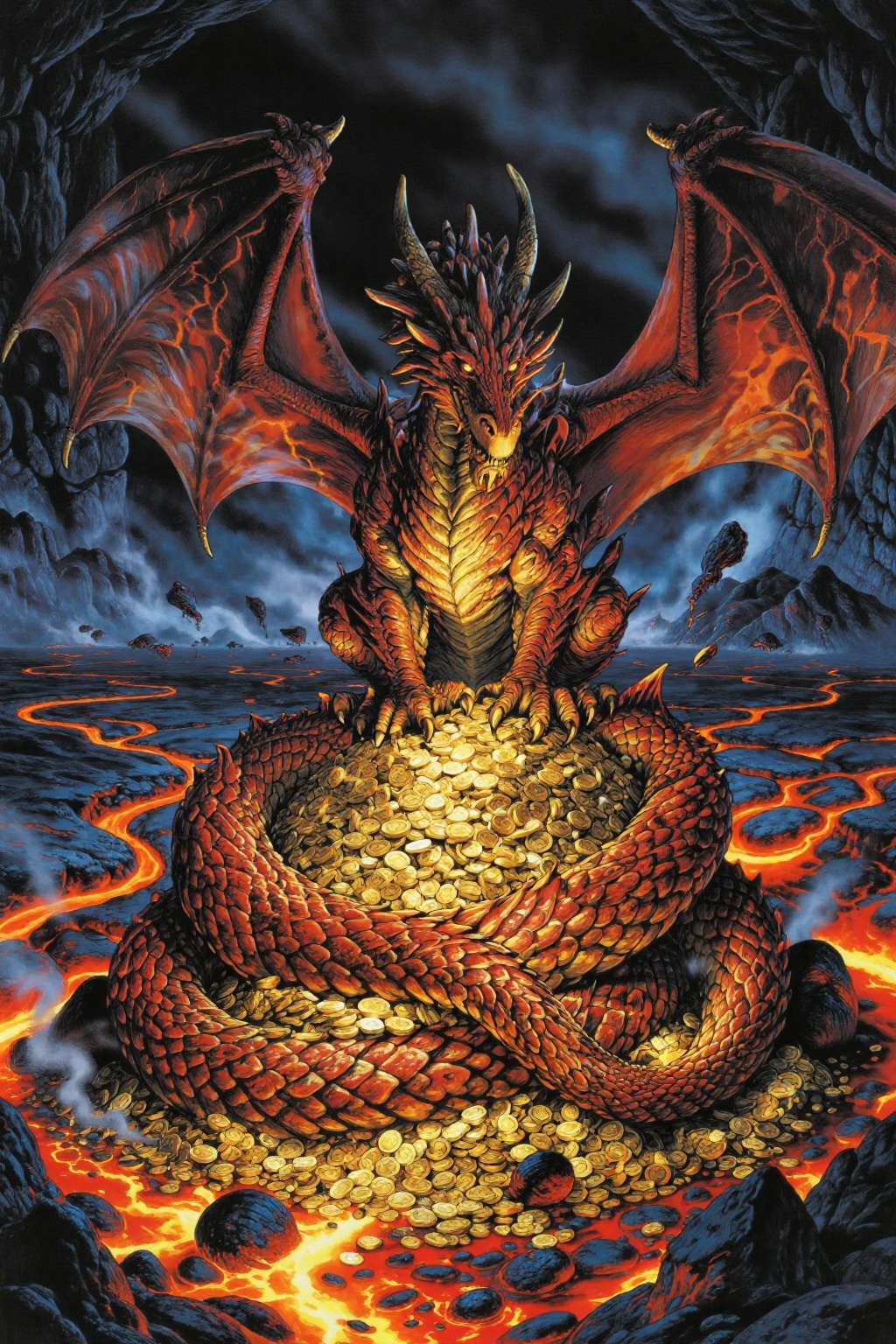 secret_grotesque_fantasy,  A wide-angle landscape illustration capturing the full body of a fierce ***** dragon coiled pro...