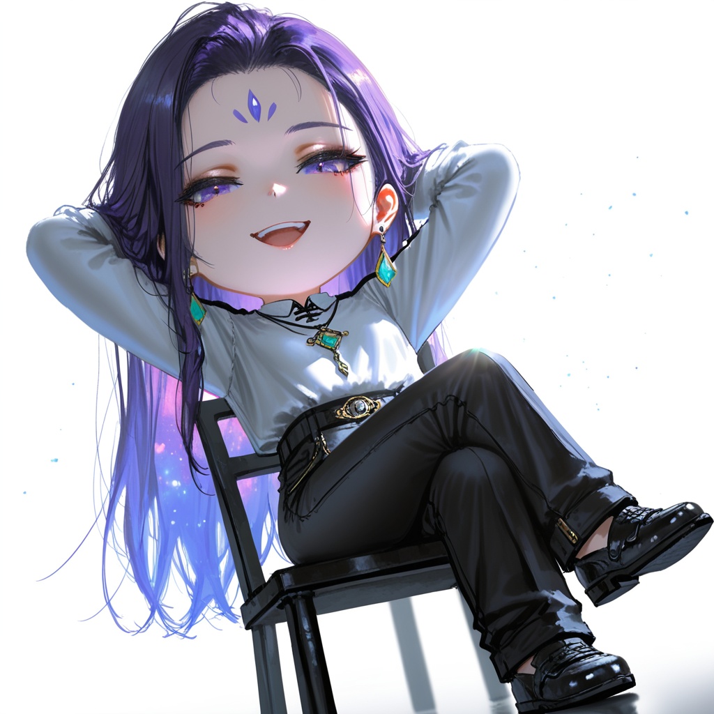 Detail enhancement,depth of field,cinematic lighting,light particles,lens flare,masterpiece,best quality,amazing quality,very aesthetic,absurdres,best quality,newest,(artist:quasarcake:0.8),extreme aesthetic,(wlop:0.9),masterpiece,best quality,good quality,newest,year 2024,year 2023,very aesthetic,absurdres,A shot with tension,impactful picture,official art,colorful,splash of color,movie perspective,dynamic pose,foreshortening,extreme perspective,<lora:合欢宗主:0.8>,simple background,white background,1girl,solo,purple hair,long hair,purple eyes,jewelry,looking at viewer,earrings,forehead,forehead mark,facial mark,crossed legs,(chibi:1.2),chair,sitting,smile,open mouth,arms behind head,full body,looking at viewer,on chair,