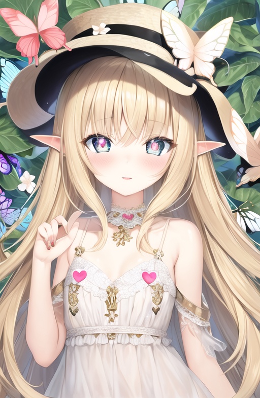 illustration,butterfly,bug,1girl,flower,long hair,hat,<lora:幻想童话插画风格_epoch_1:0.7>,light_blush,elf ears,multicolored eyes,sparkling eyes,small_breasts,blonde hair,heart-shaped_pupils,