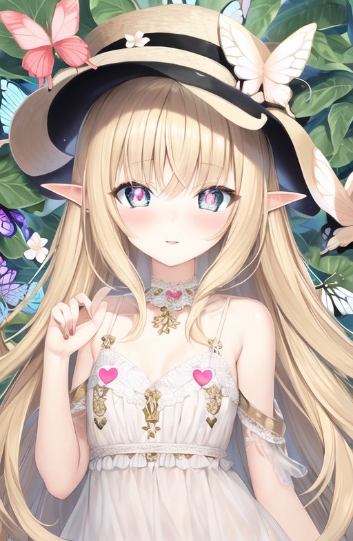 illustration,butterfly,bug,1girl,flower,long hair,hat,<lora:幻想童话插画风格_epoch_1:0.7>,light_blush,elf ears,multicolored eyes,sparkling eyes,small_breasts,blonde hair,heart-shaped_pupils,