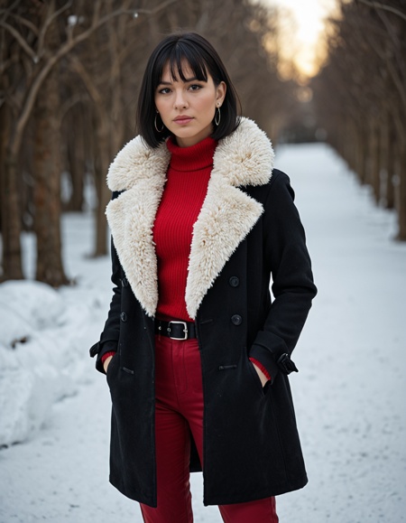 Stable_Yogis_Illustrious_Positives 1girl, solo, looking at viewer, short hair, black hair, long sleeves, closed mouth, jewelry, standing, jacket, cowboy shot, earrings, open clothes, pants, belt, blunt bangs, blurry, black eyes, coat, sweater, fur trim, lips, blurry background, bob cut, black coat, open coat, hands in pockets, nose, realistic, fur-trimmed coat, red pants, red sweater, long coat, fur coat, asian