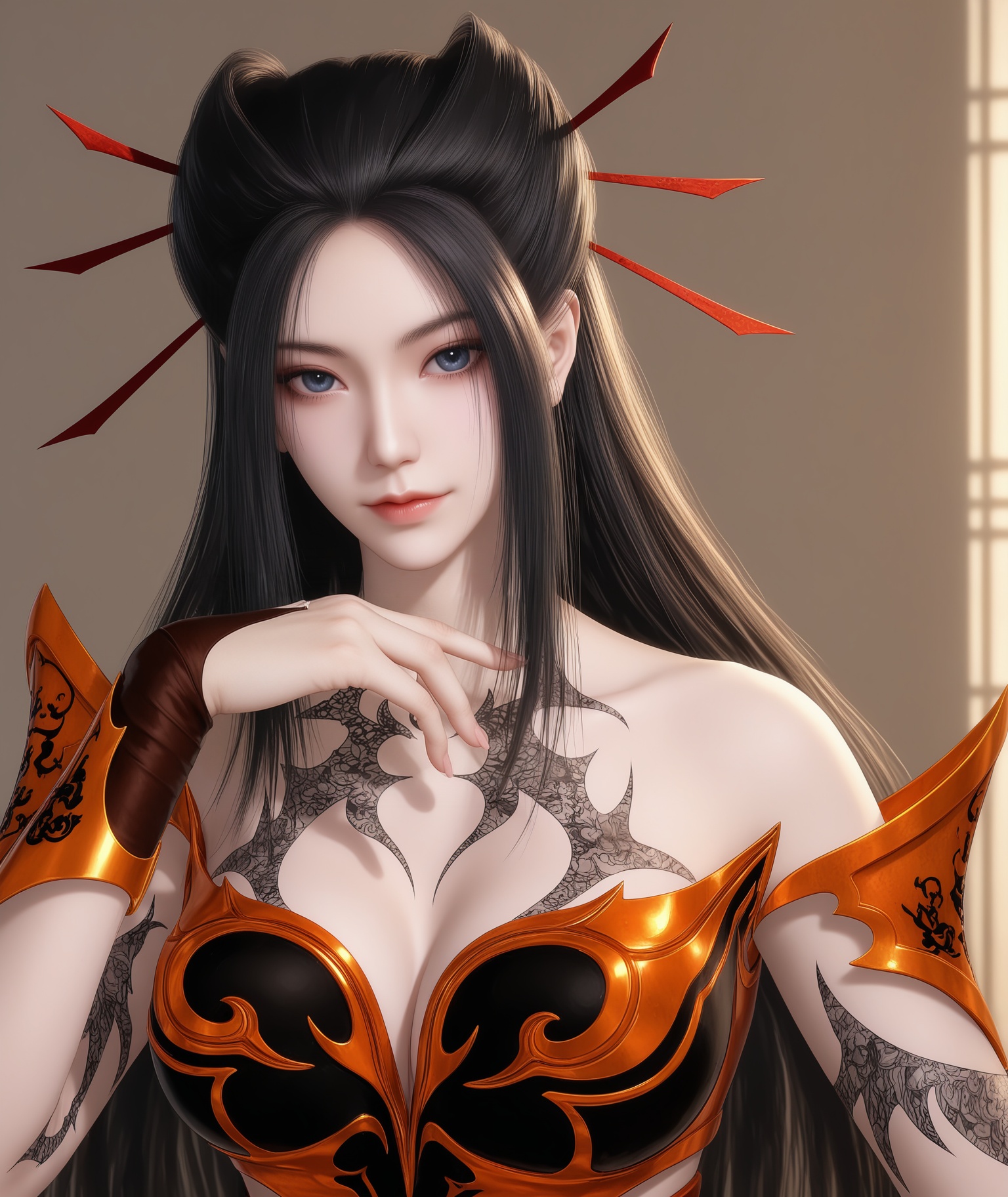 (score_9),masterpiece,best quality,absurdres,highres,BREAK<lora:焰灵姬-ill:0.85>,yanlingji,1girl,solo,long hair,black hair,hairpin,blue eyes,tattoo,pauldrons,breastplate,wrist armor,dress,black dress,(white_skin),(Ivory_skin),collarbone,(large breasts),puffy chest,looking at viewer,front view,(shading_eyes),upper body,BREAKsimple background,Tyndall effect,Cinematic Lighting,Volumetric Lighting,