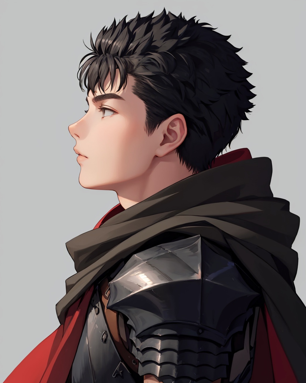masterpiece,best quality, highly detailed, guts (berserk),solo, male focus, 1boy, cape, from side, sword, grey background, simple background, closed mouth, upper body, profile, shoulder armor,<lora:guts_(berserk):1>