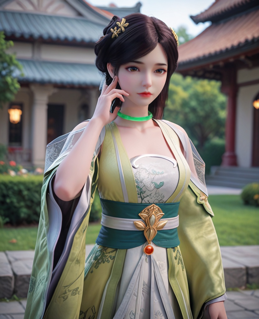 (oriental architecture, elegant decor, sophisticated style:1.1),Hands on the face, peeking through fingers,,(breasts:1.2),<lora:XL完美世界阿蛮:0.9>,miss aman,solo,yellower dress,green choker,hair ornament,jewelry,hollow shoulder,floral print white bra,brown eyes,bangs,long hair,black hair,green sash,overskirt,collarbone,red lips,long sleeves,, zPDXL2, score_9, score_8_up, score_7_up BREAK realistic, masterpiece,best quality, highly detailed,, zPDXL3, zPDXL2,zPDXL, zPDXLxxx, zPDXLrl,