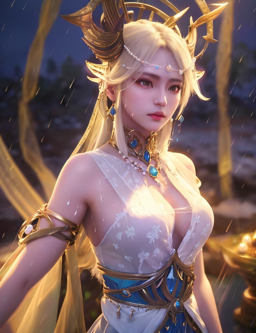<lora:523-DA-神印王座-光明女神:0.8>(,1girl, ,best quality, ),looking at viewer, ,ultra detailed 8k cg, ultra detailed background,  ultra realistic 8k cg,          cinematic lighting, cinematic bloom, (( , )),,  , unreal, science fiction,  luxury, jewelry, diamond, pearl, gem, sapphire, ruby, emerald, intricate detail, delicate pattern, charming, alluring, seductive, erotic, enchanting, hair ornament, necklace, earrings, bracelet, armlet,halo,masterpiece, (( , )),,  ,cherry blossoms,(((, night,night sky,,  ultra high res, (photorealistic:1.4), raw photo, 1girl, , rain, sweat, ,wet, )))(( , ))   (cleavage), (),
