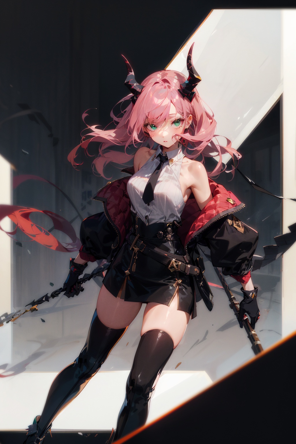 8k,1girl,outside,chibi,Concept art,legs, game character design, bare shoulders, Arcyone has long, straight pink hair that reaches her waist, with some shorter layers framing her face. Her bangs, while straight, fall over the left side of her face, partially obscuring her left eye. A large pair of slightly curved black horns protrude from her head, just above her bovine ears.Her eyes are green. She wears a sleeveless white collared shirt tucked into a tight, high-waisted black miniskirt with a slit up the side. She also wears a somewhat loose black jacket low enough to expose her shoulders, the jacket has a white collar and cuffs. A black tie hangs around her neck. In addition, she wears a pair of short black gloves, sheer black thigh-high stockings, and black knee-high heeled boots with laces.