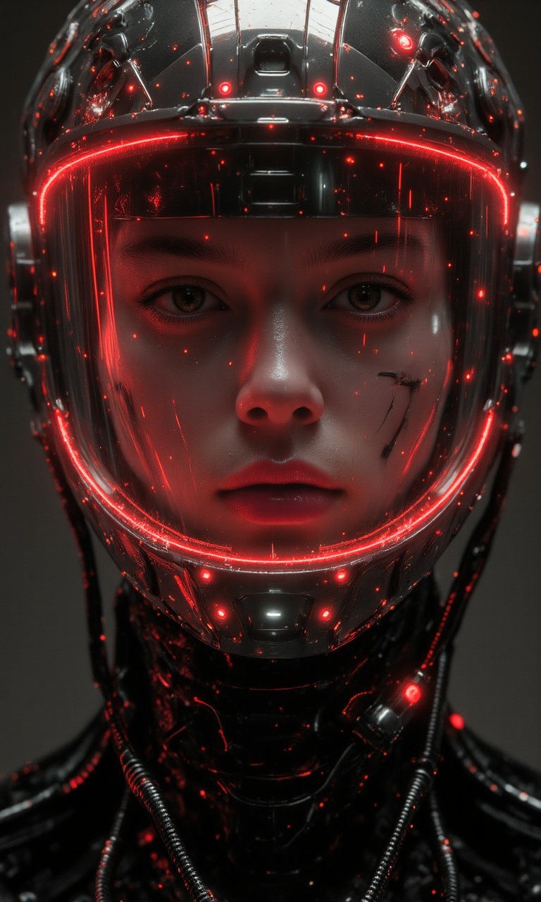 JMstyle-CGI,A photo of a man wearing a futuristic helmet with a transparent visor. The helmet is metallic,with various lights and wires running through it. Its surface has a reflective effect and is flashing bright red and black neon lights. The man,with short black hair,looks straight at the camera with a straight face. He had a fair complexion and a scar,. The background is dim and in a virtual state,the light is soft and uniform,highlighting the man's face and helmet. The image quality is very high,showing the beauty of science fiction and cyberpunk. The man's lips are closed and his eyes are wide open,making her look **** a robot or bionic. The helmet has a stylish,modern design with a metallic luster and a neon light that adds a vibrant sense of the future. The man's face is the main focus of the picture,and the helmet occupies a considerable part of the picture. The color tone of this photo is cold,with black,red and gold tones. The man's expression is calm and calm,and the makeup is very light,highlighting her natural appearance. The image has a high degree of detail and clarity,shallow depth of field.,