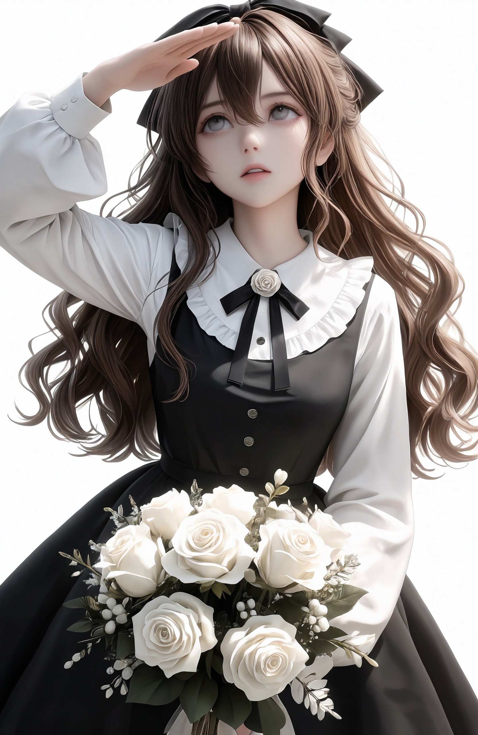 1girl, bouquet, solo, flower, holding bouquet, long hair, holding, long sleeves, shirt, brown hair, looking up, dress, white shirt, frills, white flower, shading eyes, rose, white rose, hair bow, black dress, bow, parted lips, grey eyes, collared shirt, ribbon, arm up, puffy long sleeves, black bow, simple background, wavy hair, holding flower, puffy sleeves, frilled shirt collar, white background, watermark, buttons, hair between eyes, cowboy shot, hair ribbon, looking afar, frilled dress, standing, pinafore dress, sleeveless dress, hand up, artist name