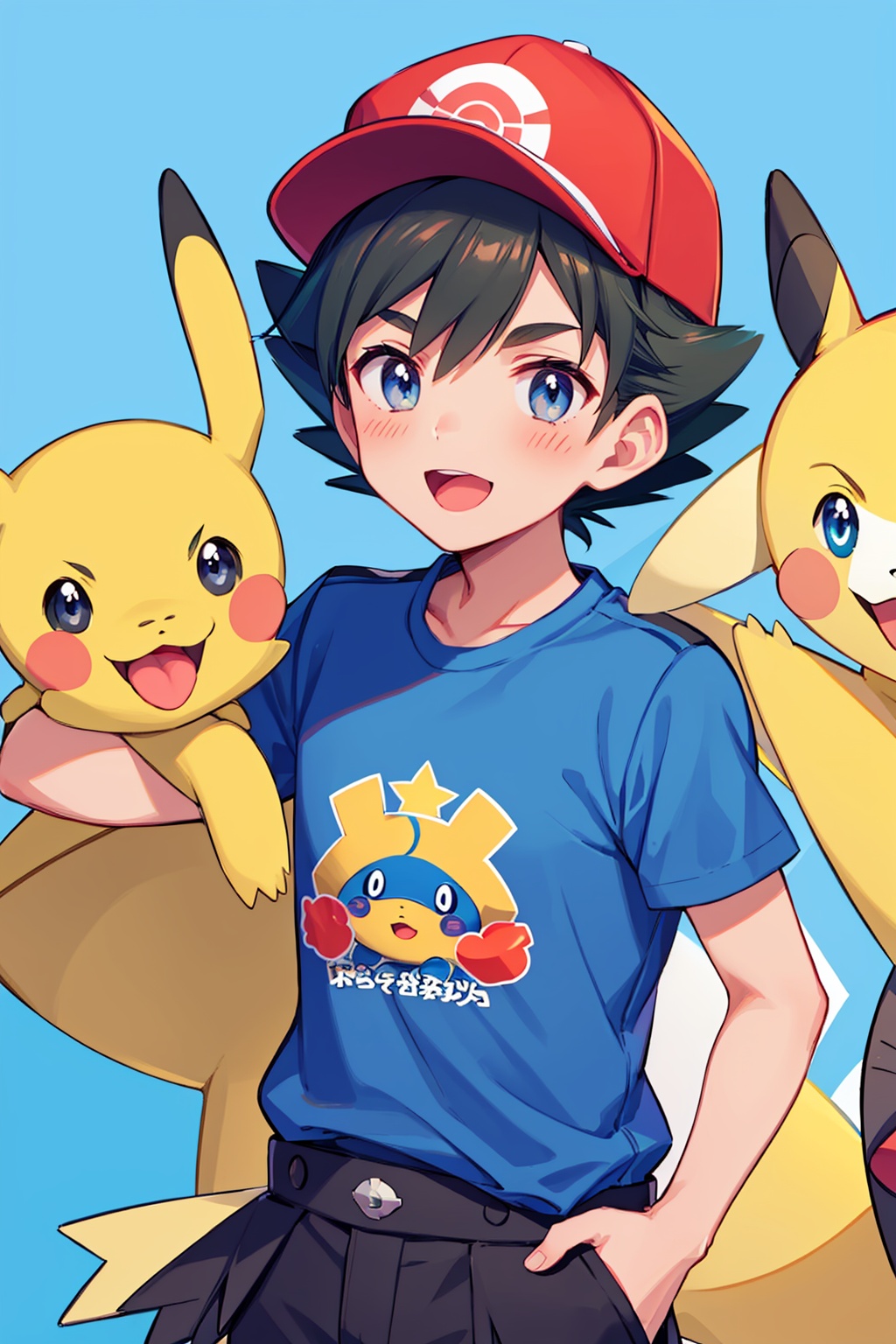 masterpiece,best quality, highly detailed, 1boy,baseball cap,kiawe (pokemon),t-shirt,male focus,open mouth,short sleeves,tongue,pokemon \(creature\),striped shirt,d,red headwear,blue shirt,blush,smile,upper teeth only,<lora:kiawe_(pokemon):1>