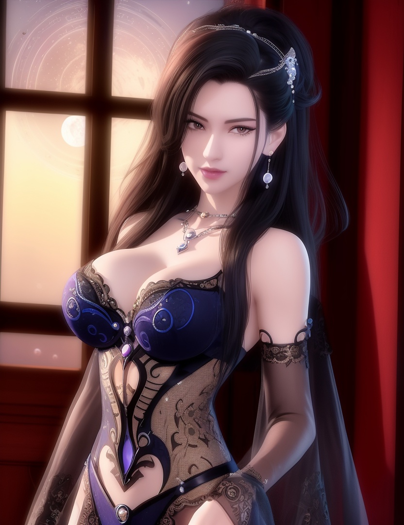 ultra realistic 8k cg, picture-perfect face, flawless, clean, masterpiece, professional artwork, famous artwork, cinematic lighting, cinematic bloom, perfect face, beautiful face, fantasy, dreamlike, unreal, science fiction,  beautiful clothes, lace, lace trim, lace-trimmed legwear,  (rich:1.4), prestige, luxury, jewelry, diamond, gold, pearl, gem, sapphire, ruby, emerald, intricate detail, delicate pattern, charming, alluring, seductive, erotic, enchanting, hair ornament, necklace, earrings, bracelet, armlet,halo((,1girl, pov,))(((,window, 1girl, solo, moon, breasts, indoors, cleavage, black_hair, round_window, hair_ornament, long_hair, jewelry,looking at viewer, ))) <lora:DA_CaoNvYao:0.6>