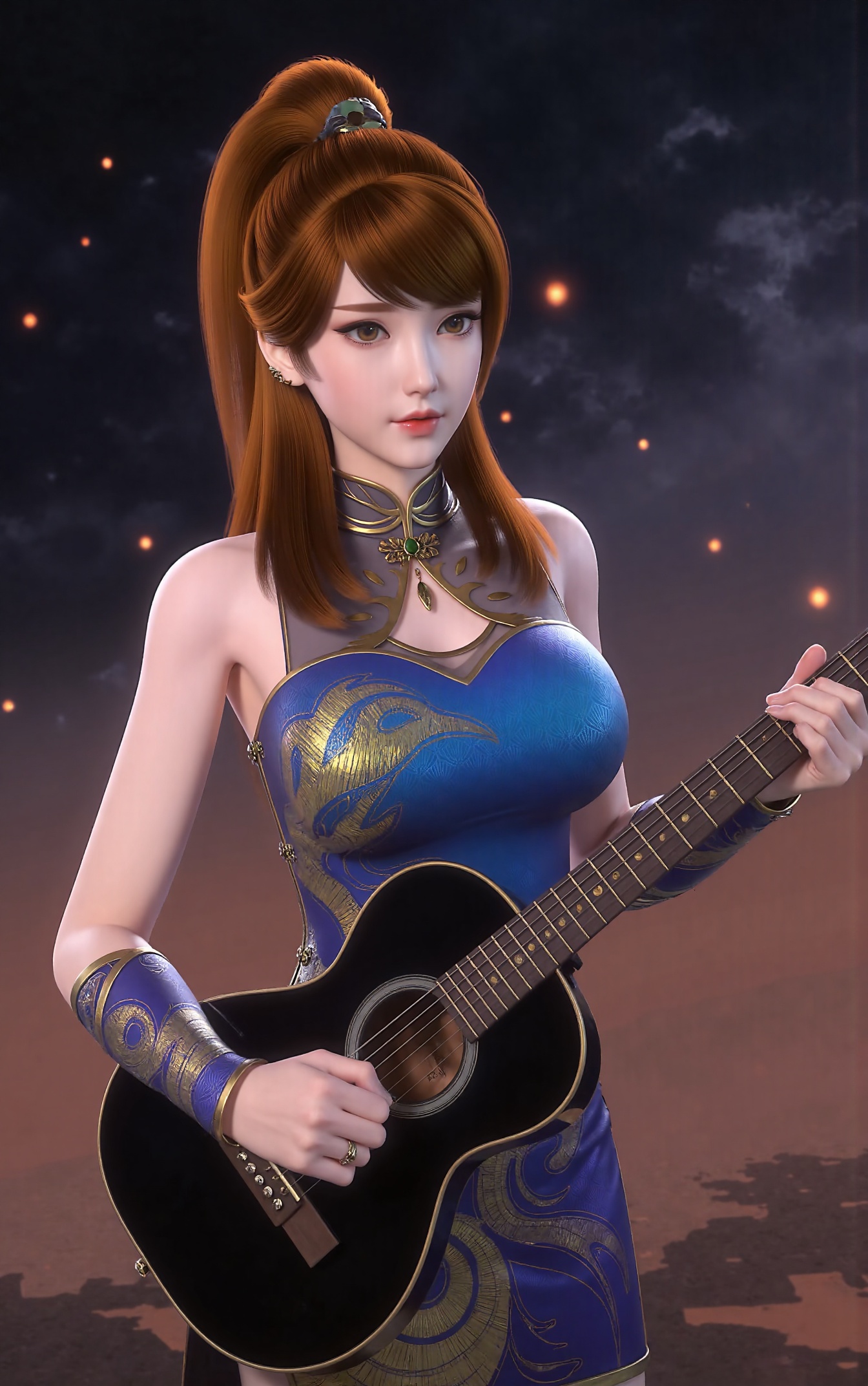 Tutu Aurora 8D Pantyhose (the name is a trigger word), Create a vibrant and expressive 3D illustration of Xiaoninger - a slender Asian woman with long, straight brown hair styled in a high ponytail, sometimes with a side braid. She has pale skin, red lips, and a graceful posture. She is depicted in full-body pose, playing a guitar with elegant hands. Her expression is calm yet engaging, eyes looking slightly toward the viewer or focused on her music. She wears an elegant blue and gold traditional Chinese qipao dress with intricate ornate patterns. The sleeveless design features a high collar and bare shoulders, accentuated with gold accents. Delicate black thigh-high stockings enhance the texture of her outfit. Accessories include blue and gold arm cuffs and a single gold earring. The overall style is inspired by Pixar animation - stylized realism with rich colors, soft lighting, and cinematic depth. The background features a bokeh effect with floating stars and soft lights, adding a magical and whimsical touch to the composition. Render in vivid, colorful tones with high detail and cinematic lighting. Tutu Aurora 8D Pantyhose.