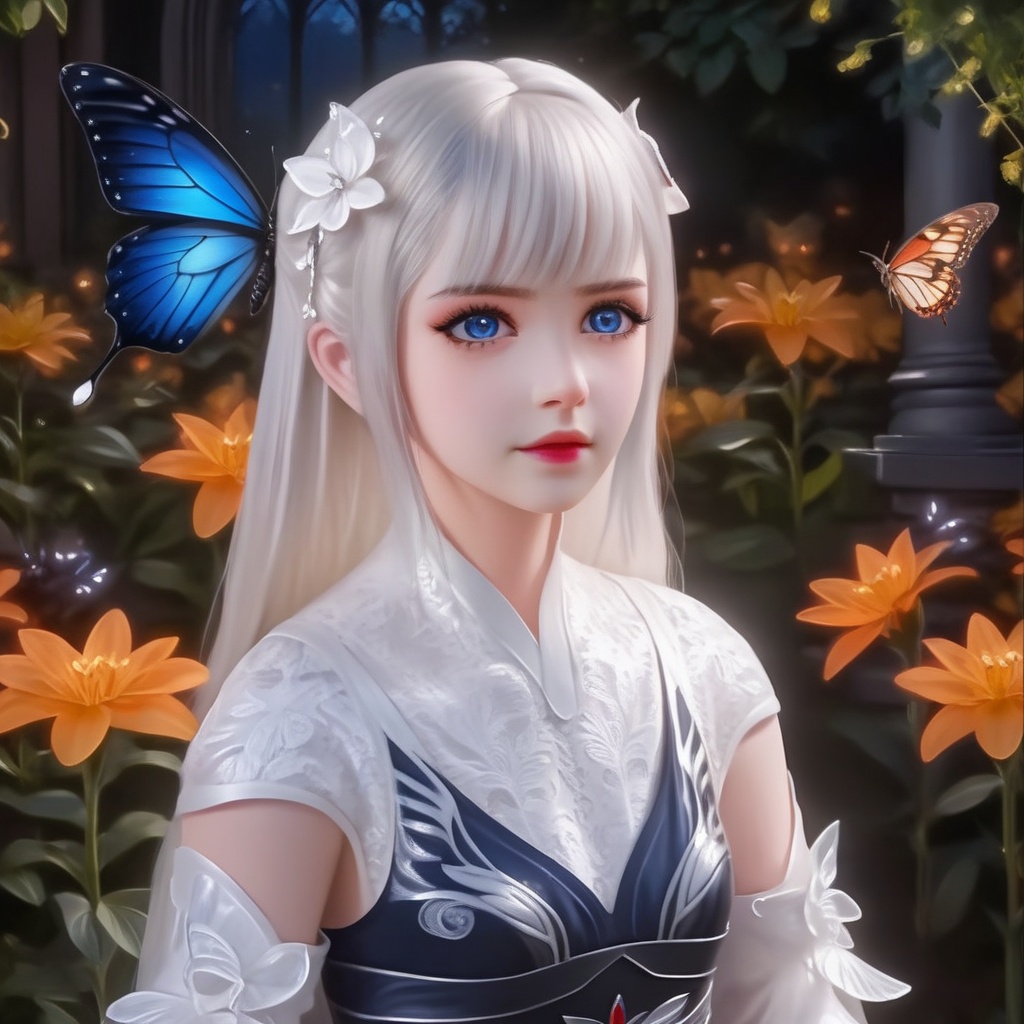 <lora:848-DA-XL-完美世界-火灵儿-幼年:0.8>, (masterpiece),(best quality),night,glowing eyes,gothic,long dress, 1 girl, solo, long white hair, blue eyes, detailed eyes, blink and youll miss it detail,butterfly, flower garden, high quality, floral background, very detailed,off shoulde