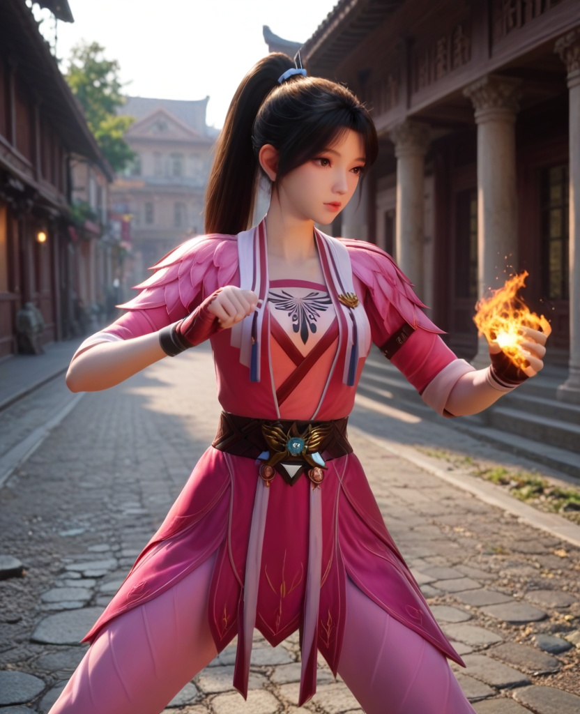 (oriental architecture, elegant decor, sophisticated style:1.1),(Martial Arts Stance, A poised and balanced stance, ready to engage in hand-to-hand combat,:1.1),(breasts:1.2),<lora:XL修罗武神苏美:0.95>,miss sumei,pink dress,undies,belt,brown eyes,black hair,ponytail,clothing patterns,fingerless gloves,elastic pants,, score_9,score_8_up,score_7_up,score_6_up,score_5_up,score_4_up,3d rendering,tag1,tag2, Cinematic Lighting,backlighting,