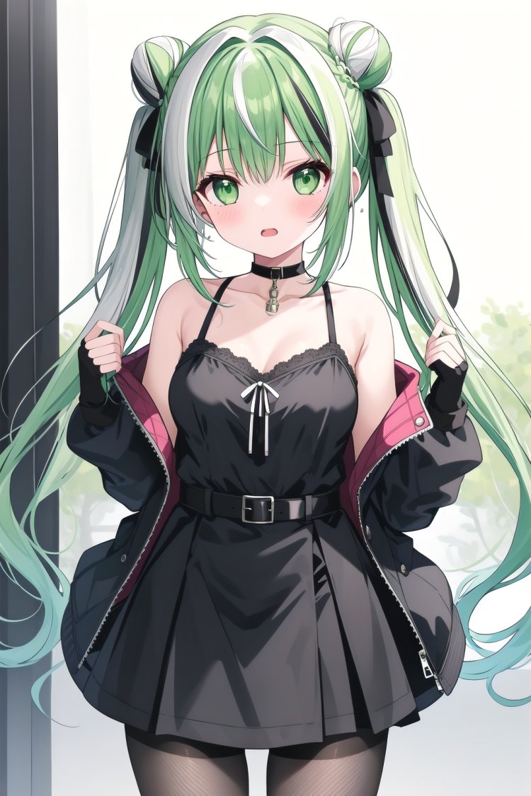 1girl, solo, long hair, breasts, looking at viewer, blush, open mouth, bangs, skirt, shirt, gloves, long sleeves, dress, bow, twintails, jewelry, very long hair, green eyes, jacket, white hair, pantyhose, multicolored hair, cowboy shot, green hair, open clothes, choker, black gloves, belt, indoors, fingerless gloves, off shoulder, hair bun, open jacket, streaked hair, black jacket, black pantyhose, double bun, black bow, gradient hair, black choker, cross, fishnets, fishnet pantyhose, masterpiece