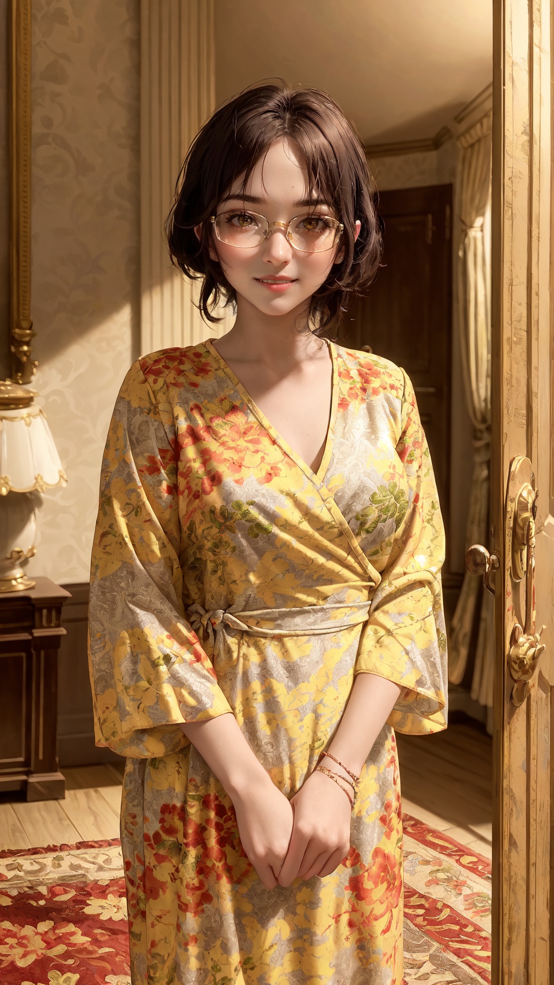 tutututu,dress,yellow flower dress,long sleeves,obi,<lora:yellow_dress_V2-000006:0.65>,<lora:epiNoiseoffset_v2:0.3>,A photo of a young woman. (looking at the viewer). (short messy dark hair),(slender),(dark lips),flirting with the camera,(square glasses),(dark makeup),(jewelry),(smiling),(dyed hair, hair color),(well lit, warm natural light),ornate lavish rich aristocrat royal mansion,music room,art,drapes,curtains,carpets,rugs,doors,(chaise lounge) (confident, seductive, dominant, intimidating),