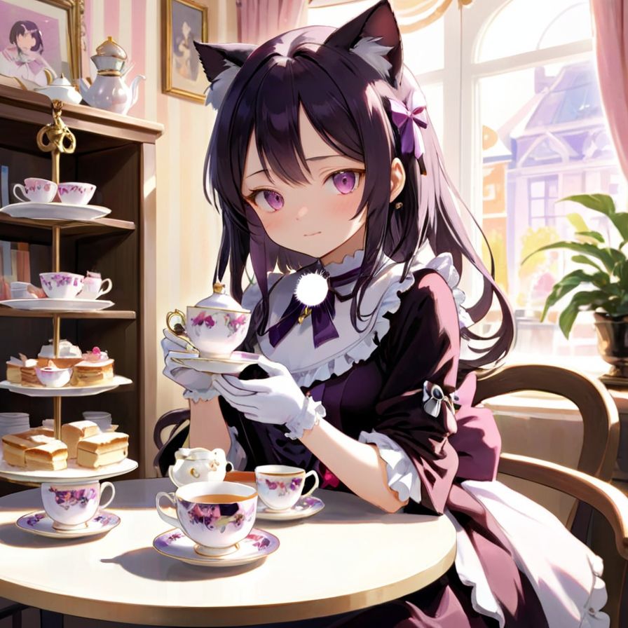 Illustration of Homura Akemi from Madoka Magica enjoying a delightful afternoon tea at a charming café. Dressed in her ico...