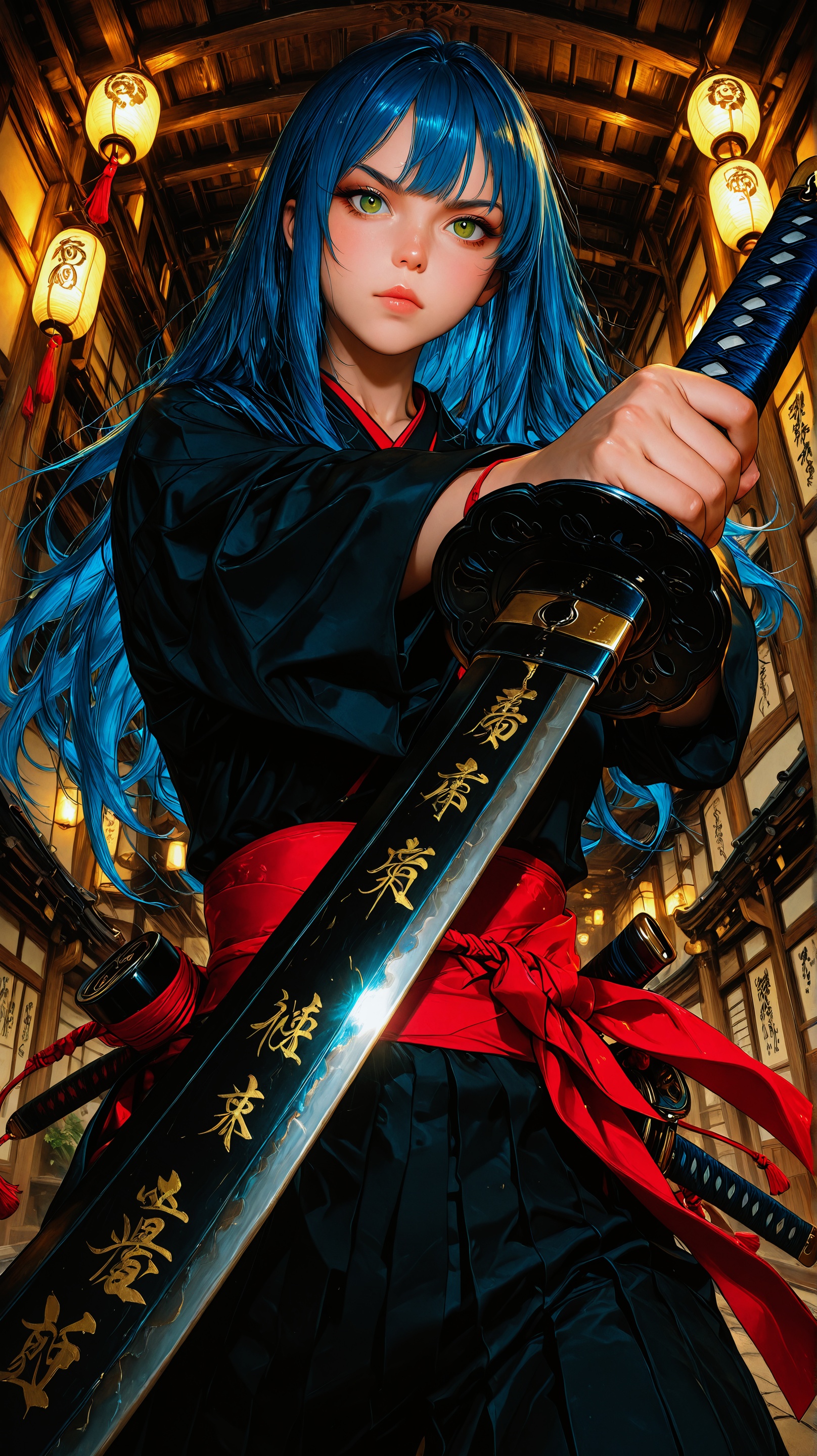 A digital illustration shoot from below about a powerful samurai warrior holding a katana in a traditional Japanese settin...