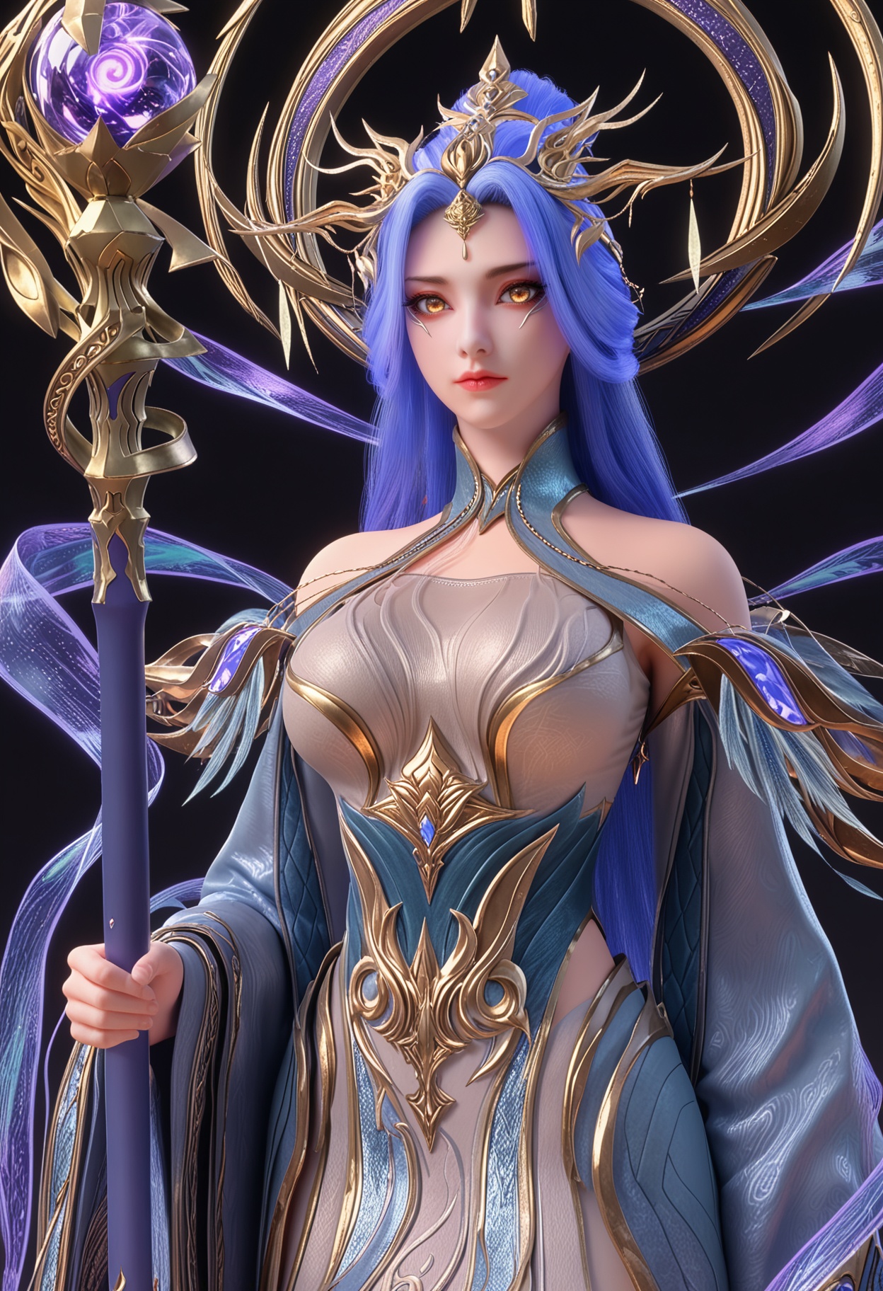 score_9,looking_at_viewer,upper body,(large breasts:0.8),zetiannvdi,1girl,solo,long hair,blue hair,hair ornament,dress,closed mouth,staff,long sleeves,bare shoulders,holding staff,detached sleeves,yellow eyes,wide sleeves,makeup,(simple background,pure black background,black background:1.1),perfect_anatomy,<lora:QQSponyzetiannvdiV1:0.8>,