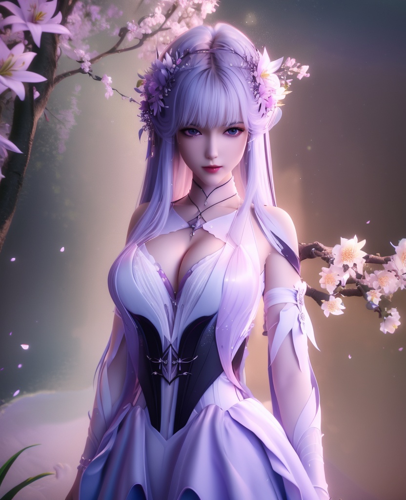 <lora:587-DA-神印王座-圣采儿-觉醒:0.8>(,1girl, ,best quality, ),looking at viewer,  ,ultra detailed 8k cg,ultra detailed background,ultra realistic 8k cg,1girl, solo,(bare shoulders:0.85),(masterpiece, best quality),((oil painting style)),sexy young lady,(beautiful face and eyes),(upper body:1.5),(whole body:1.05),(single person:1.2),surrounded by flowers, (lily), roses, floret, vegetation, white, purple, purplish pink,Impressionism,colorful,(Breast size:1.3),(cleavage),