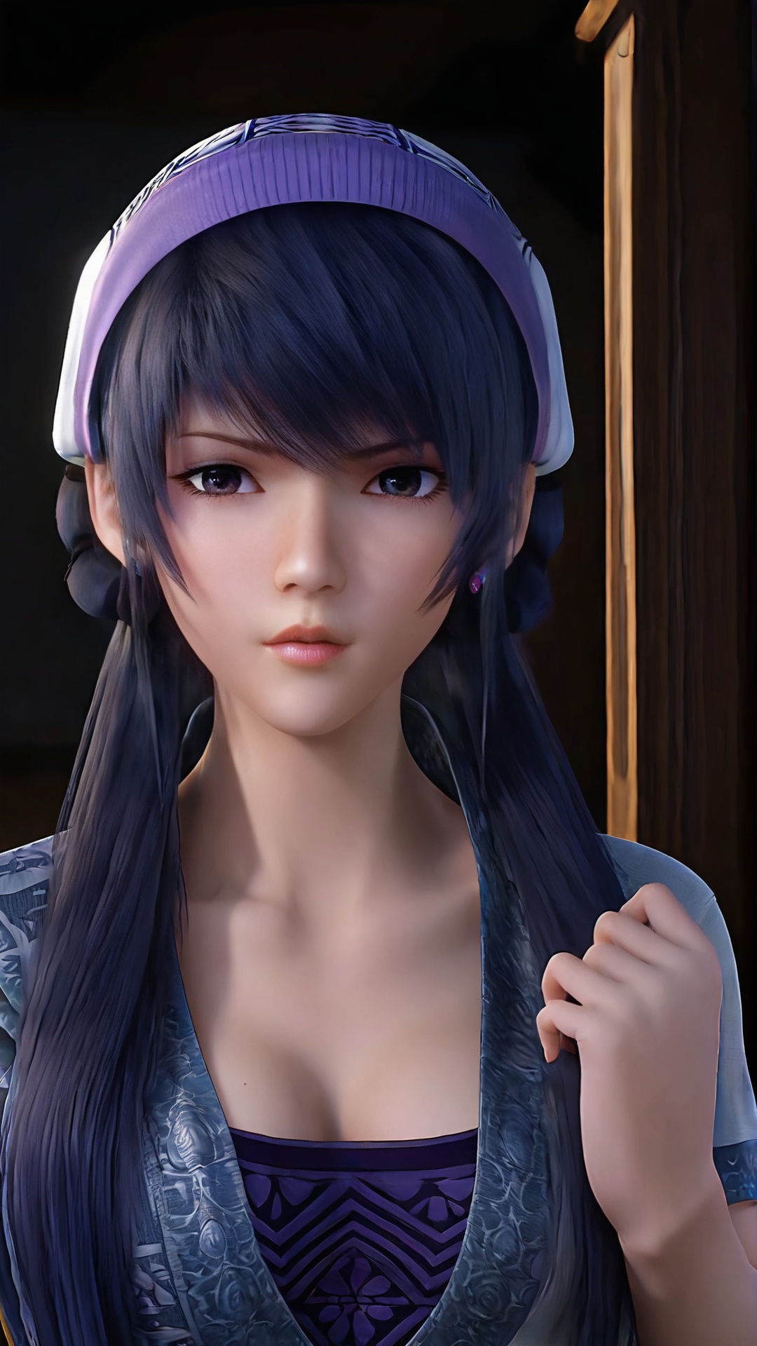 The image is a close-up portrait of a young woman with long dark hair. She is wearing a purple and white striped headband with a white ribbon tied around it. Her hair is styled in loose waves and falls over her shoulders. She has a serious expression on her face and is looking directly at the camera. The background is dark and blurred, but it appears to be a room with a wooden door and a window. The woman is also wearing a black and white patterned top with a high neckline. The overall mood of the image is serious and contemplative.<lora:pony端木蓉:0.8>,