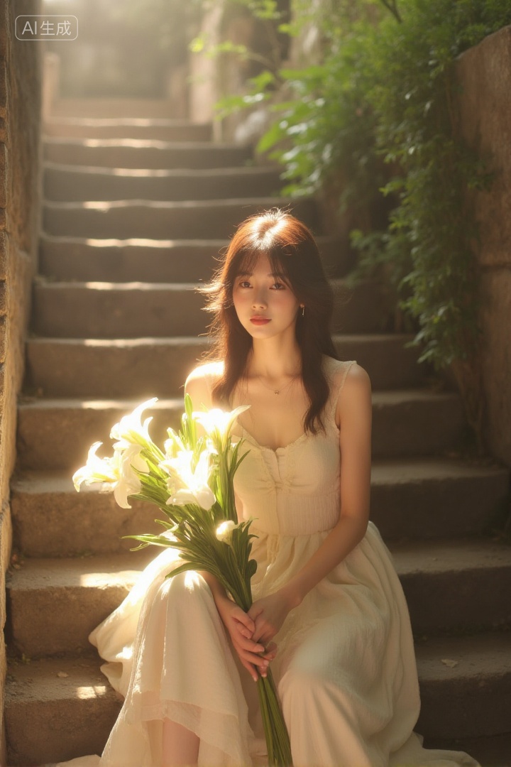 A woman in a loose off-white dress sitting on ancient stone steps, holding a bunch of white lilies, sunlight streaming down creating dappled light and shadow, soft hair outline under light, warm and tranquil atmosphere, retro and poetic aesthetic,, Negative prompt: ng_deepnegative_v1_75t,(badhandv4:1.2),EasyNegative,(worst quality:2),,nsfw, Steps: 30, Sampler: Euler, CFG scale: 3.5, Seed: 2672567170, Size: 720x1080, Model hash: 8cba4f1ef4, Model: F.1基础算法模型-哩布在线可运行_F.1-dev-fp8.safetensors, Denoising strength: 0, RNG: CPU, Lora 1: 20250913-1757780180322-0001, Lora Hash 1: 2c61ab8cf8, Lora Weight 1: 0.8, vae_name: automatic