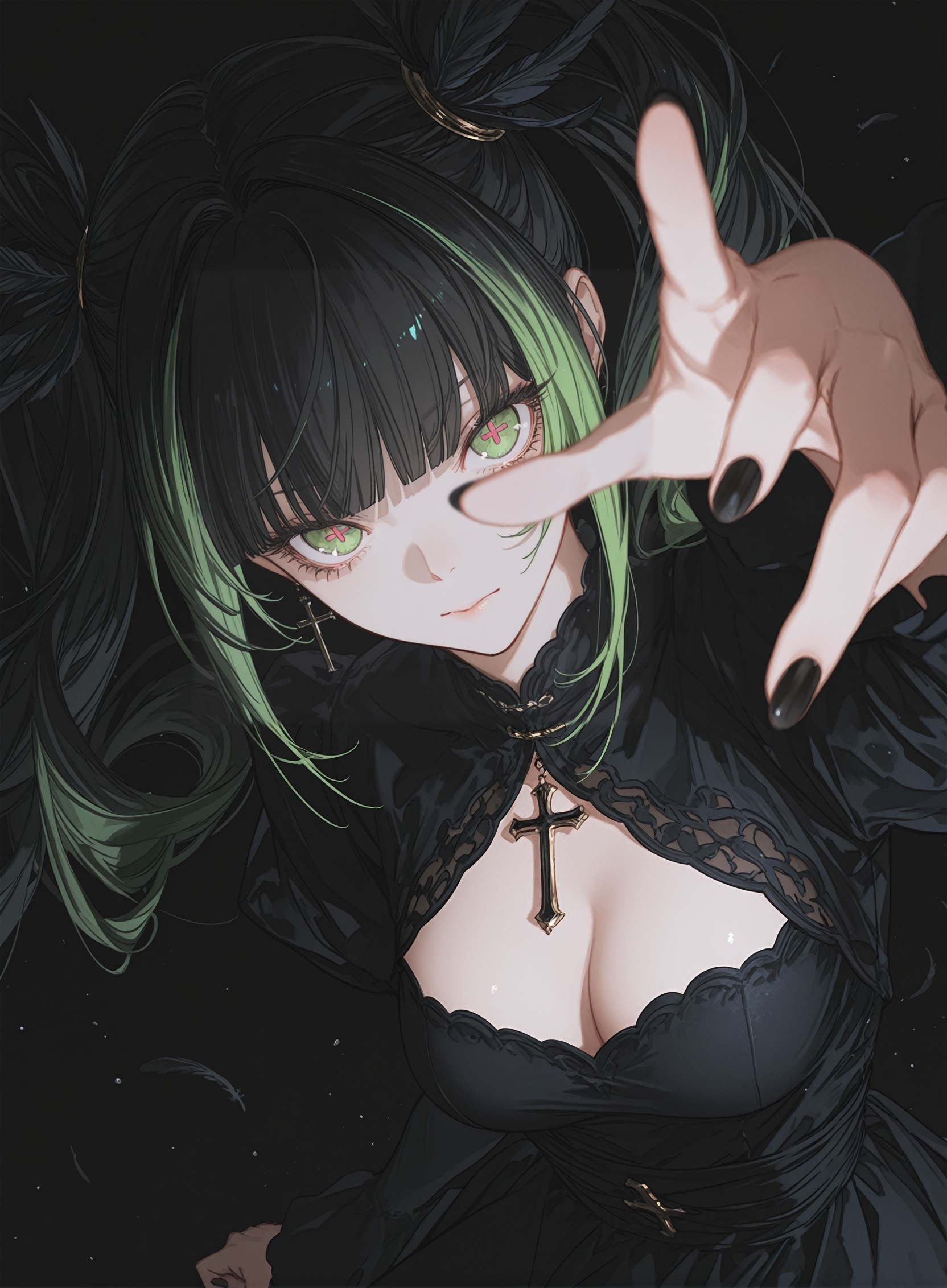 rtist:miv4t,(artist:yoneyama mai:0.8),(artlist:betabeet:0.8),(artist:rella:0.6),(artist:wanke:0.6),(artist:xilmo:0.6),masterpiece,best quality,amazing quality,newest,masterpiece,best quality,high quality,newest,highres,8K,HDR,absurdres,oil-shaped hair,cross-shaped pupils,cross,1girl,solo,bangs,looking at viewer,breasts,black hair,twintails,black background,long hair,upper body,green eyes,blunt bangs,closed mouth,nail polish,multicolored hair,jewelry,cleavage,black nails,medium breasts,dress,feathers eyelashes,dynamic pose,dynamic composition,dynamic angle,dutch angle,depth of field,foreshortening,depth,(blurry foreground:0.6),