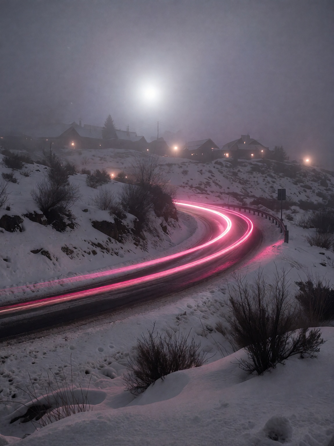 vibrant neon pink long exposure light trail curving along a snowy road,  thick heavy winter fog,  snow-covered ground with...